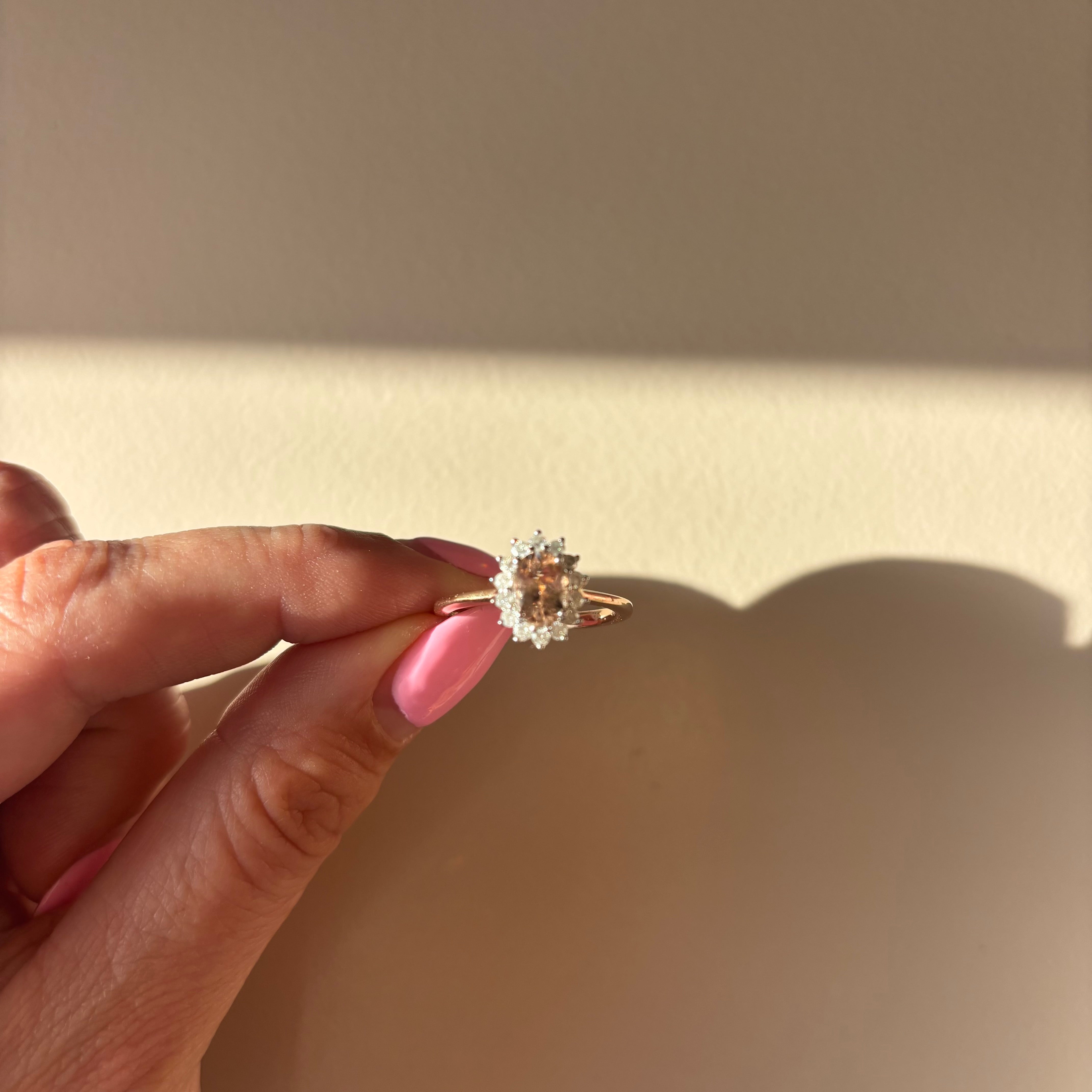 9ct rose gold 0.67ct morganite and 0.26ct diamond cluster ring