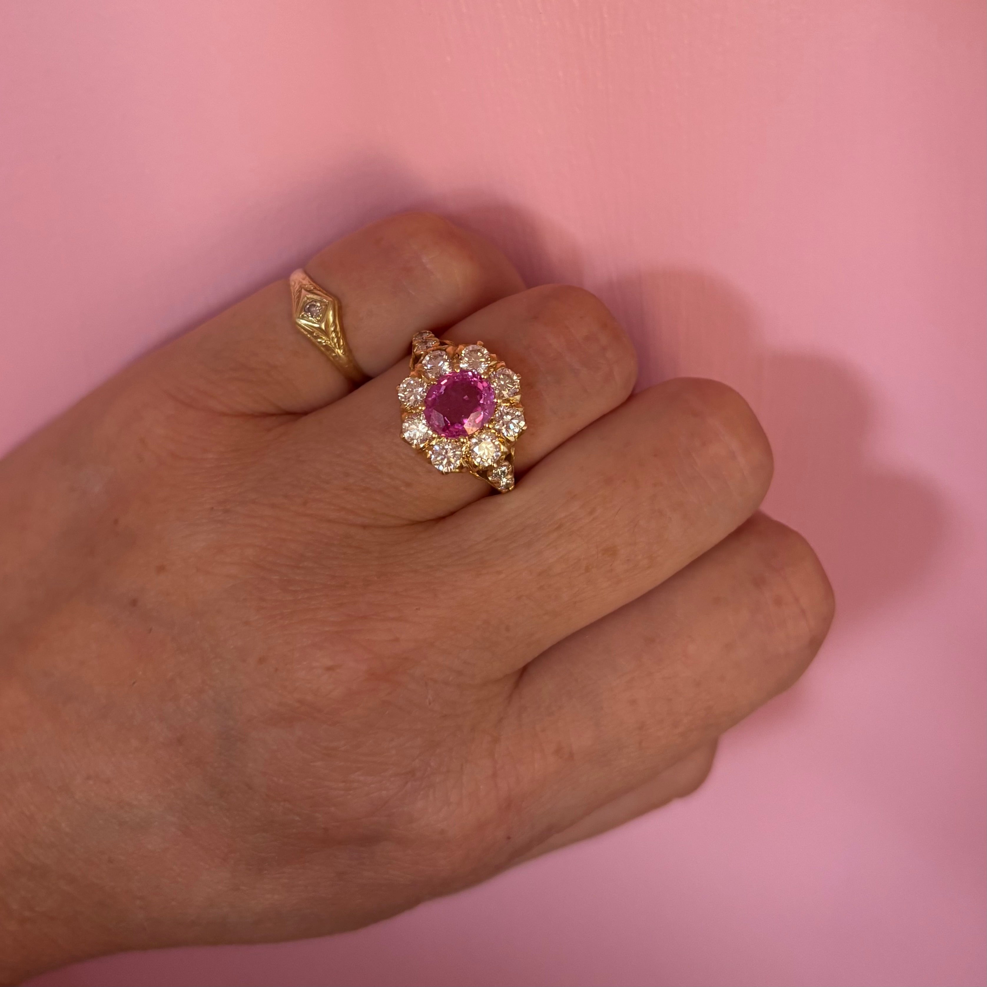 Vintage 18ct gold 1.16ct oval pink sapphire and 1.0ct diamond cluster ring