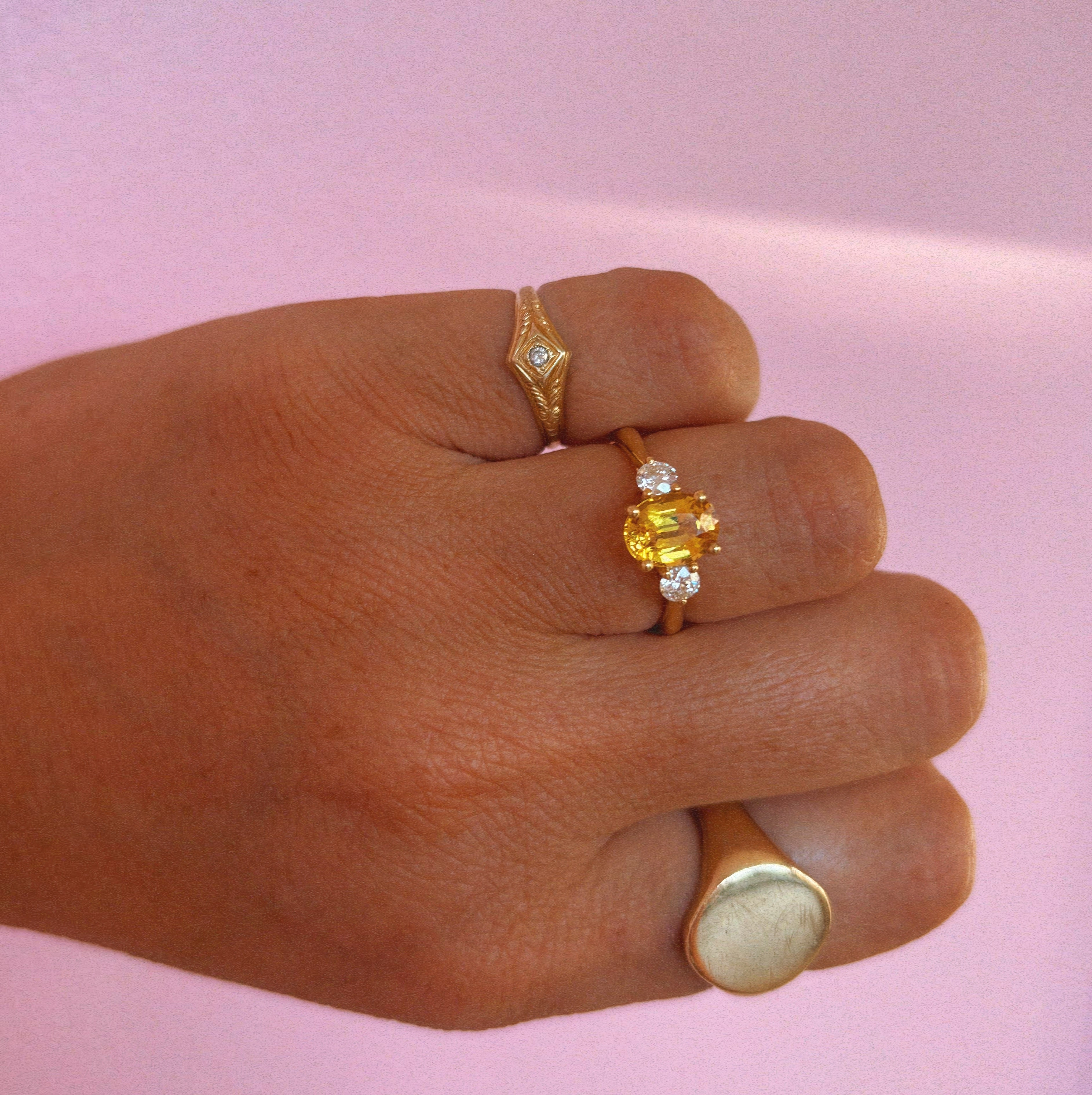18ct gold yellow sapphire and diamond three stone ring (made to order)
