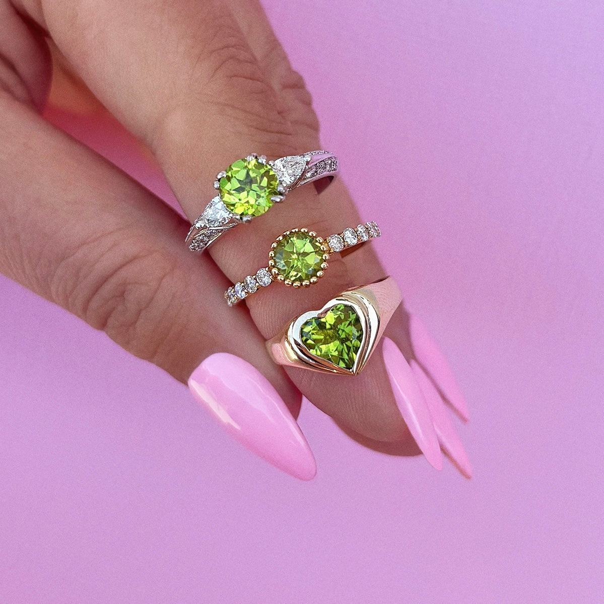 9ct gold bezel set heart shaped peridot signet ring