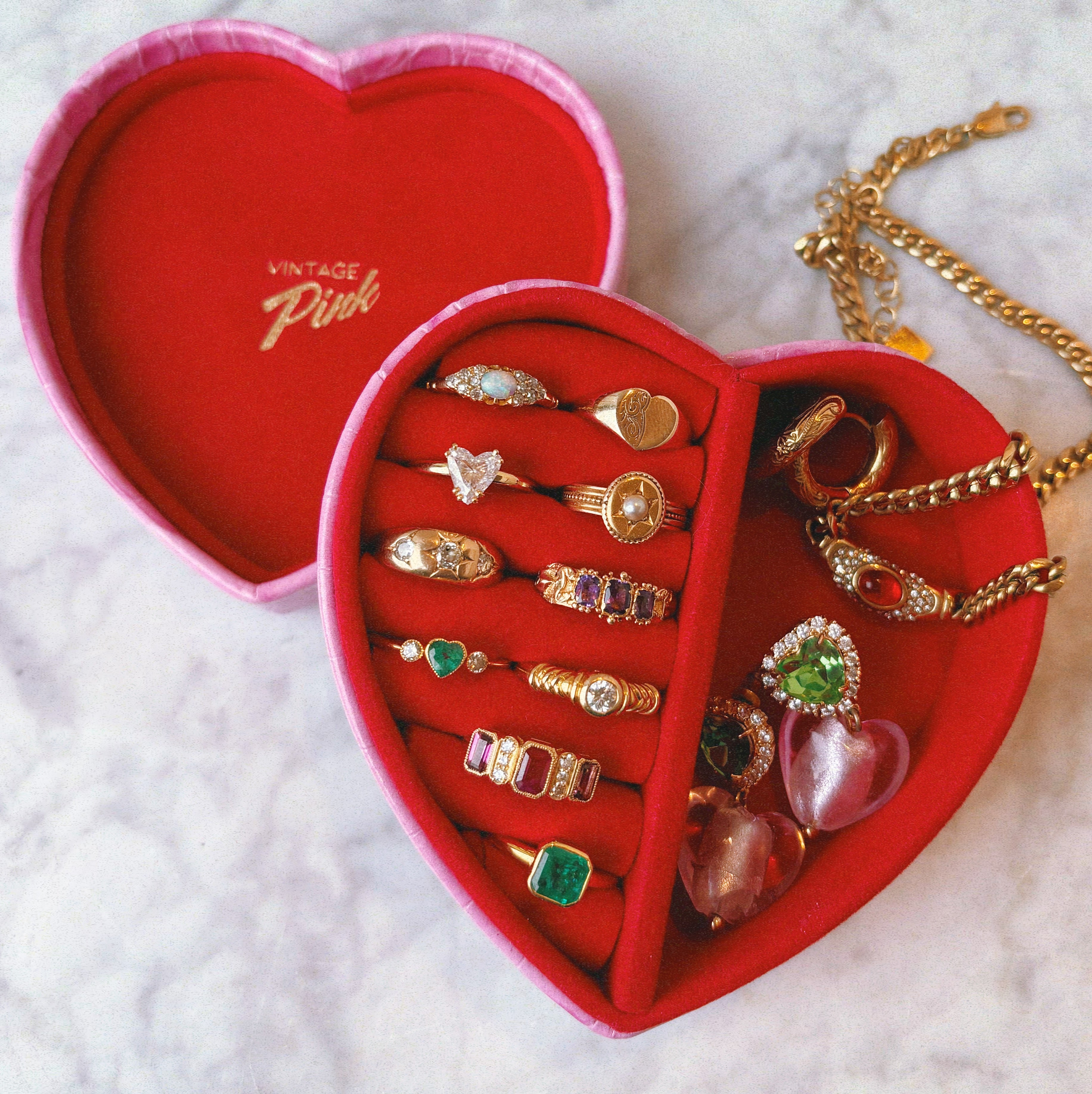 Heart-shaped pink faux croc and red velvet jewellery box (large)