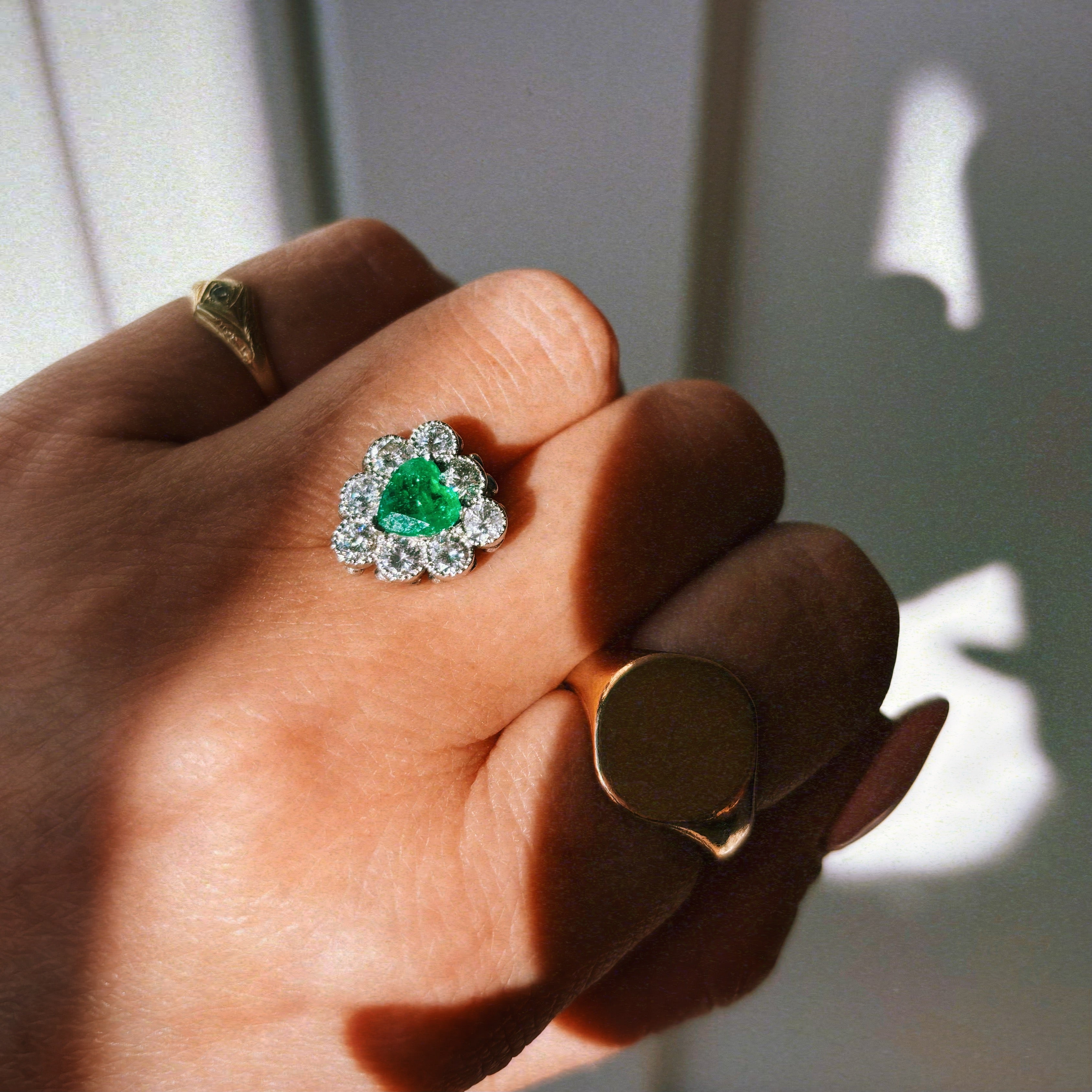 18ct gold heart-shaped emerald and diamond vintage earring conversion ring