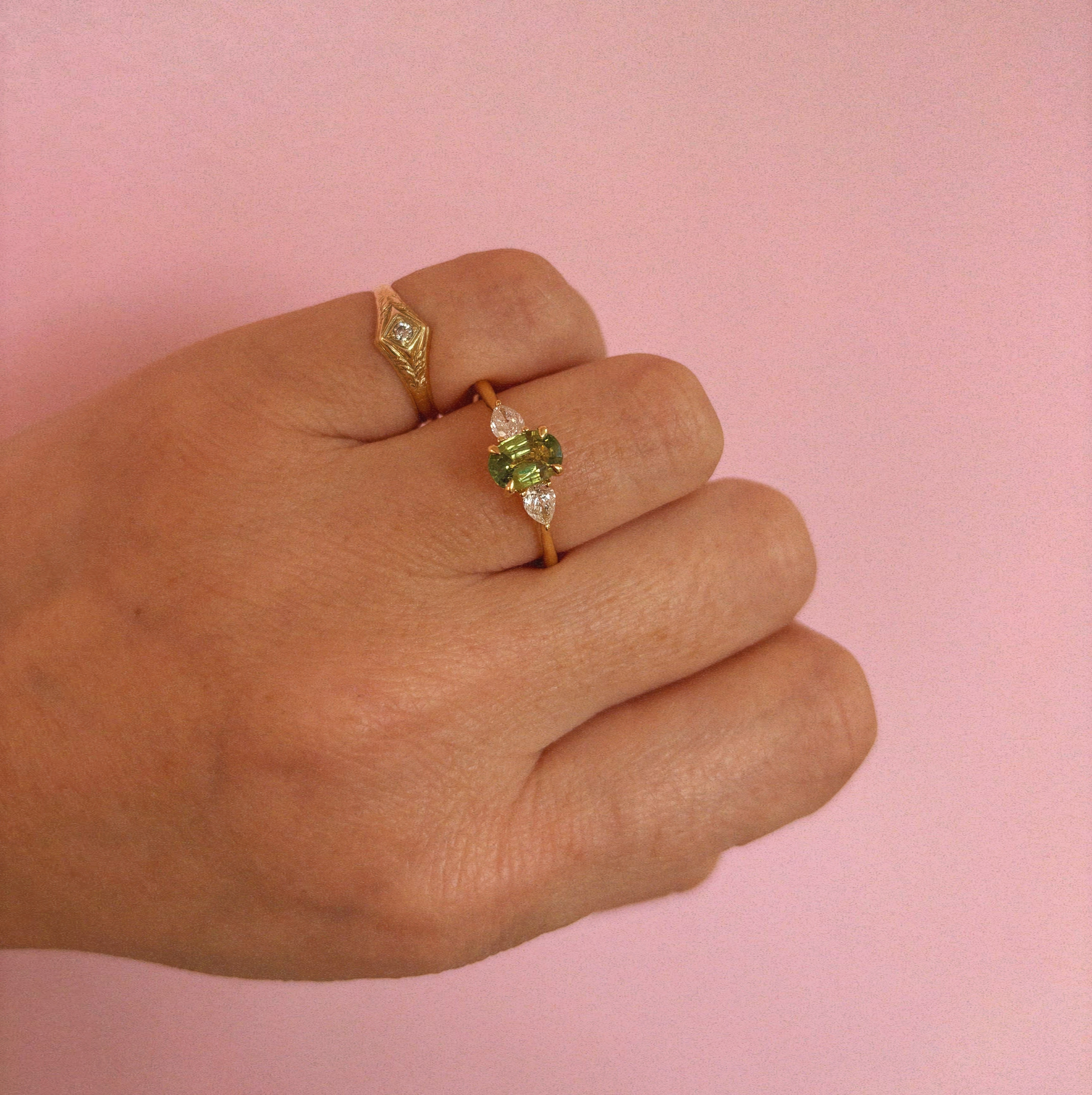 18ct gold 1.26ct green sapphire and diamond three stone ring (made to order)