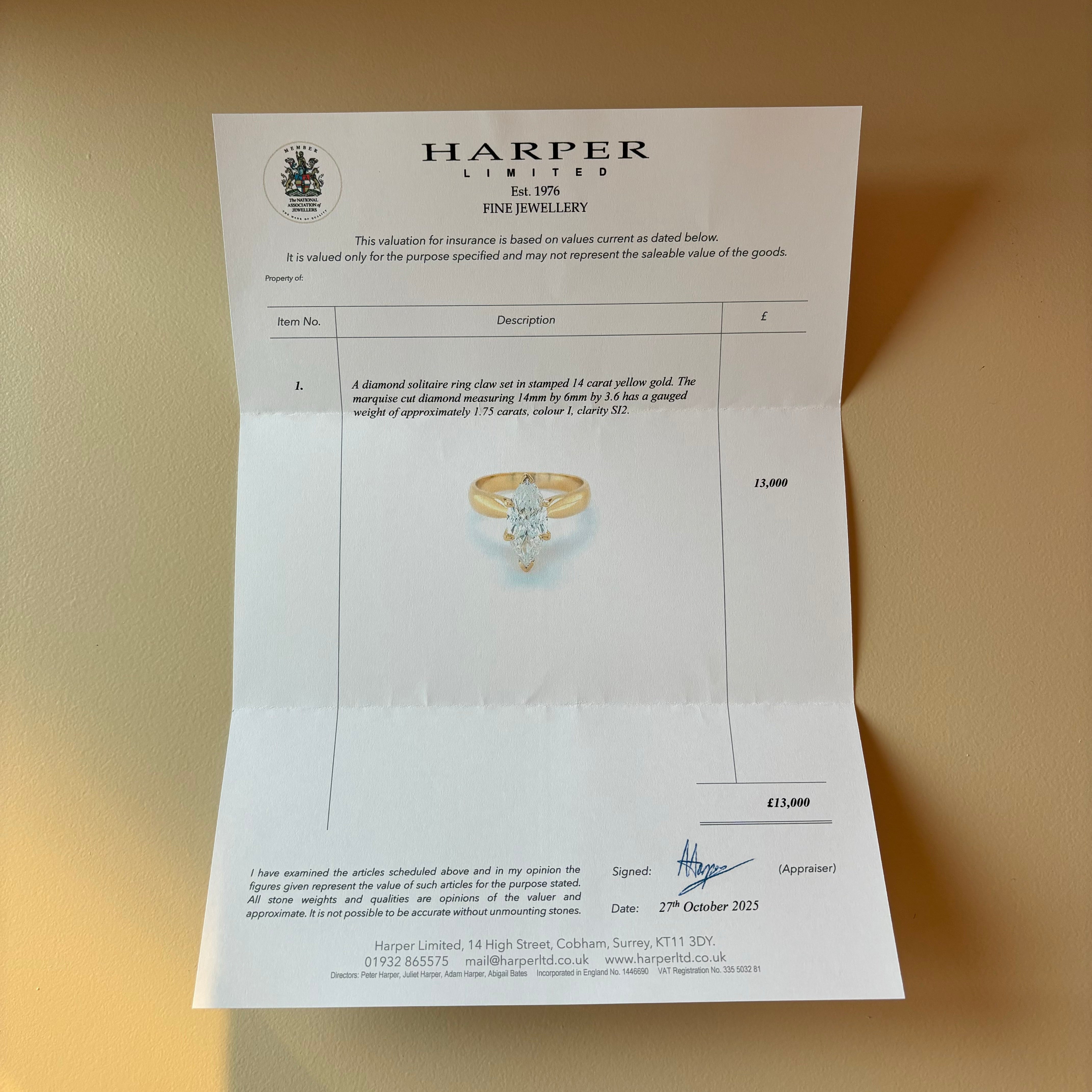 14ct gold 1.76ct marquise cut diamond ring