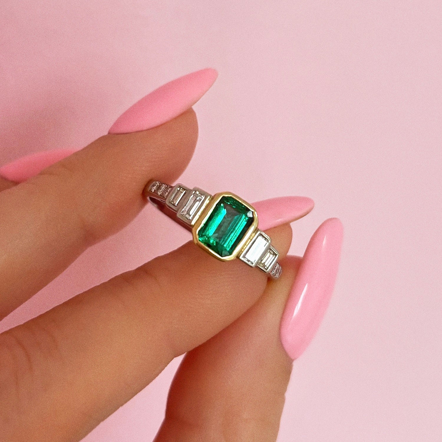 18ct white gold bezel set emerald and diamond ring