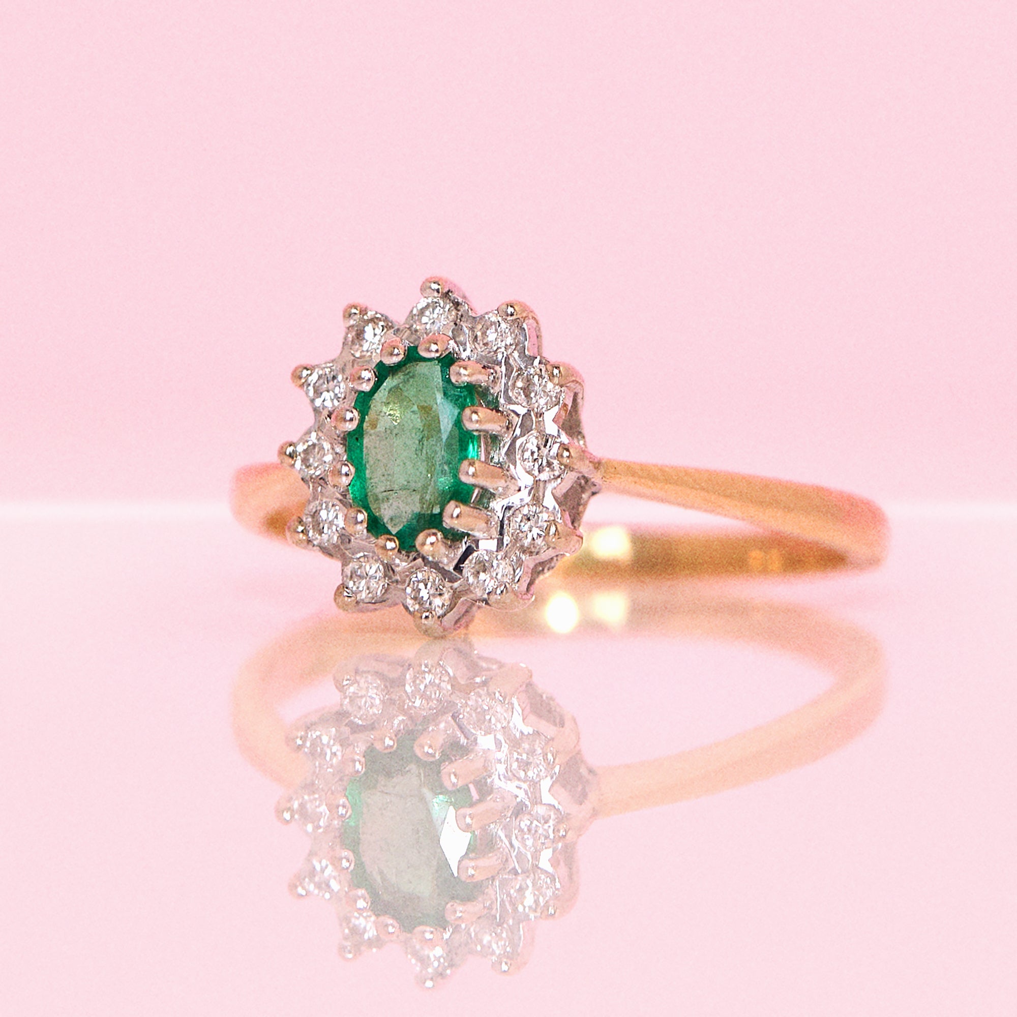 18ct gold emerald and diamond cluster ring from 1988