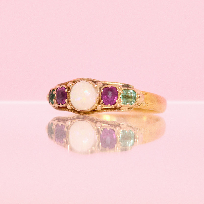 22ct gold opal, peridot and ruby ring