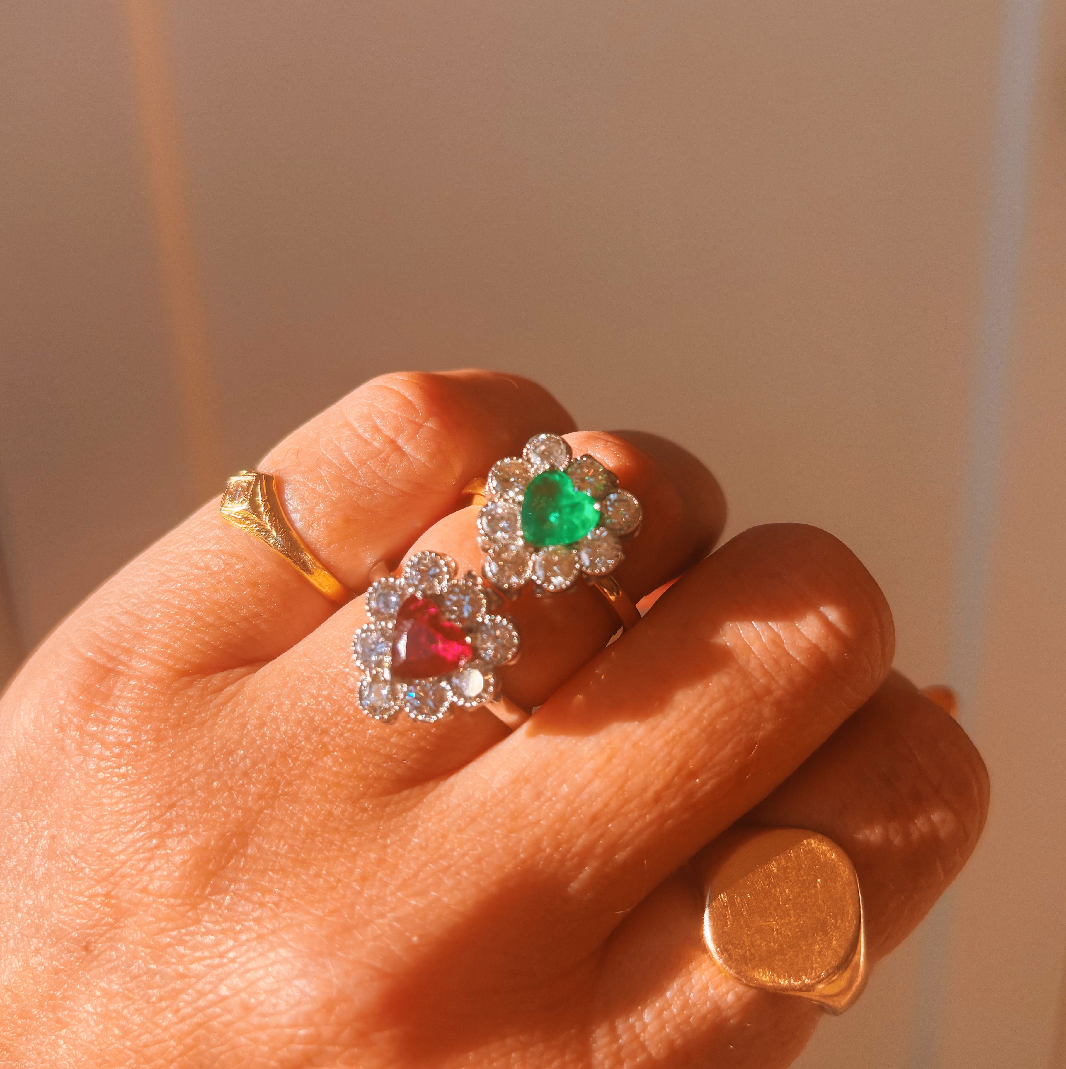 Platinum heart-shaped ruby and diamond vintage earring conversion ring