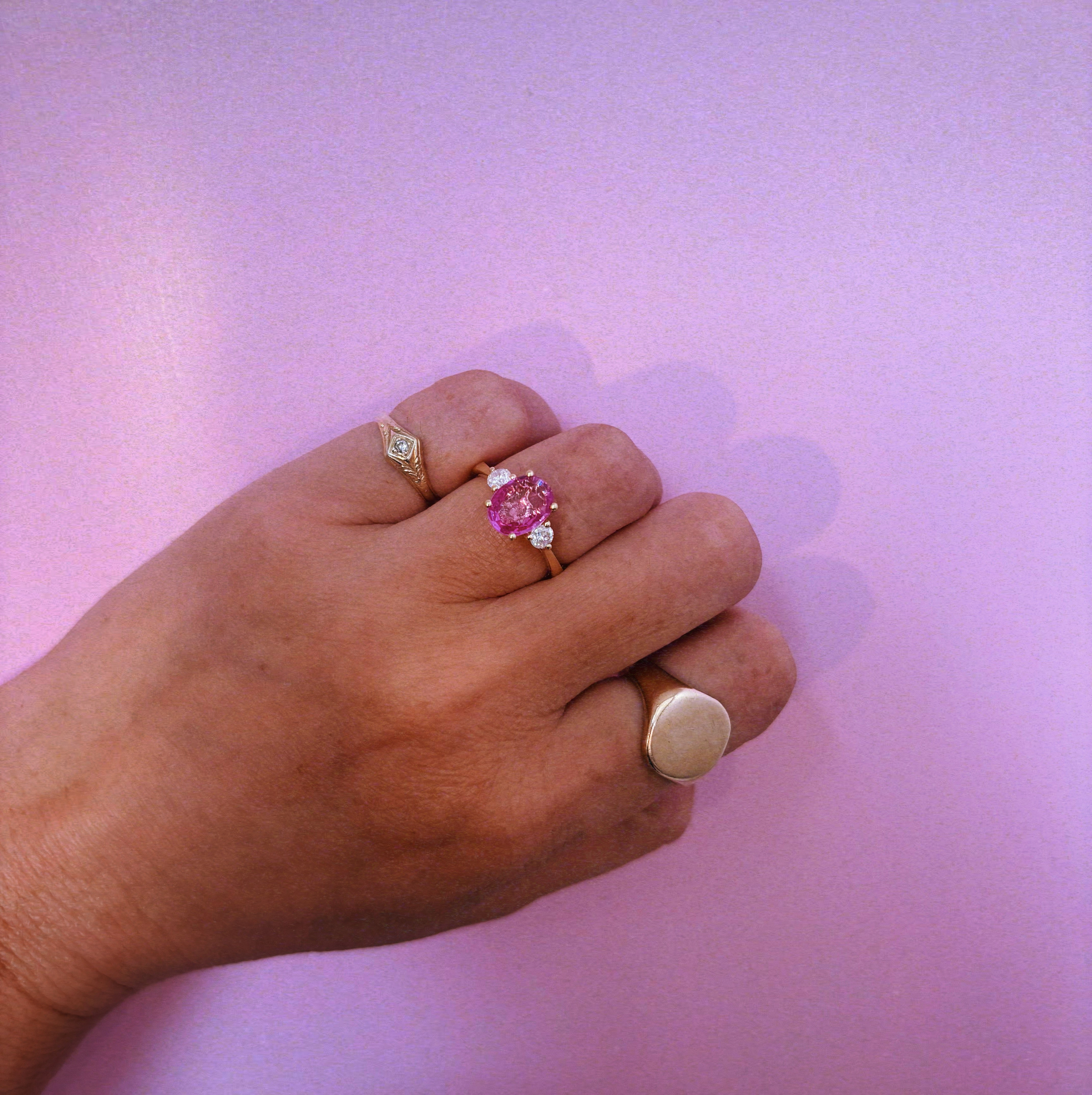 18ct gold 1.93ct pink sapphire and diamond three stone ring (made to order)