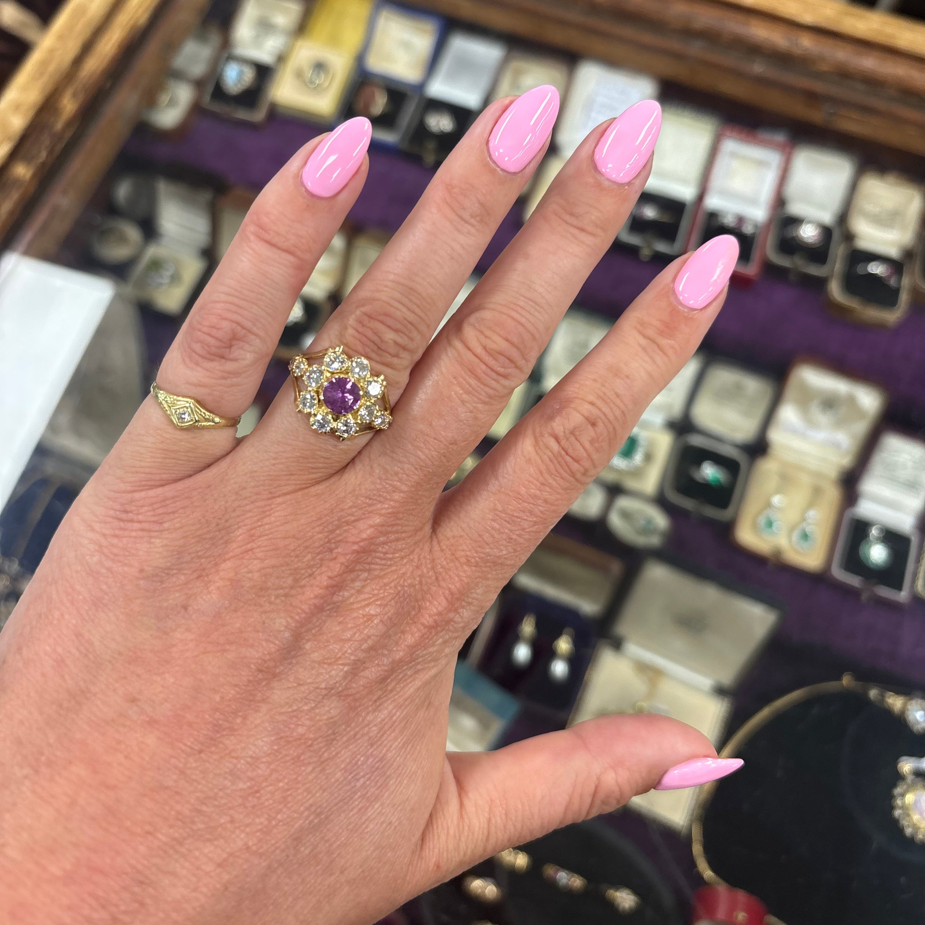 18ct gold pink sapphire and old cut diamond flower ring