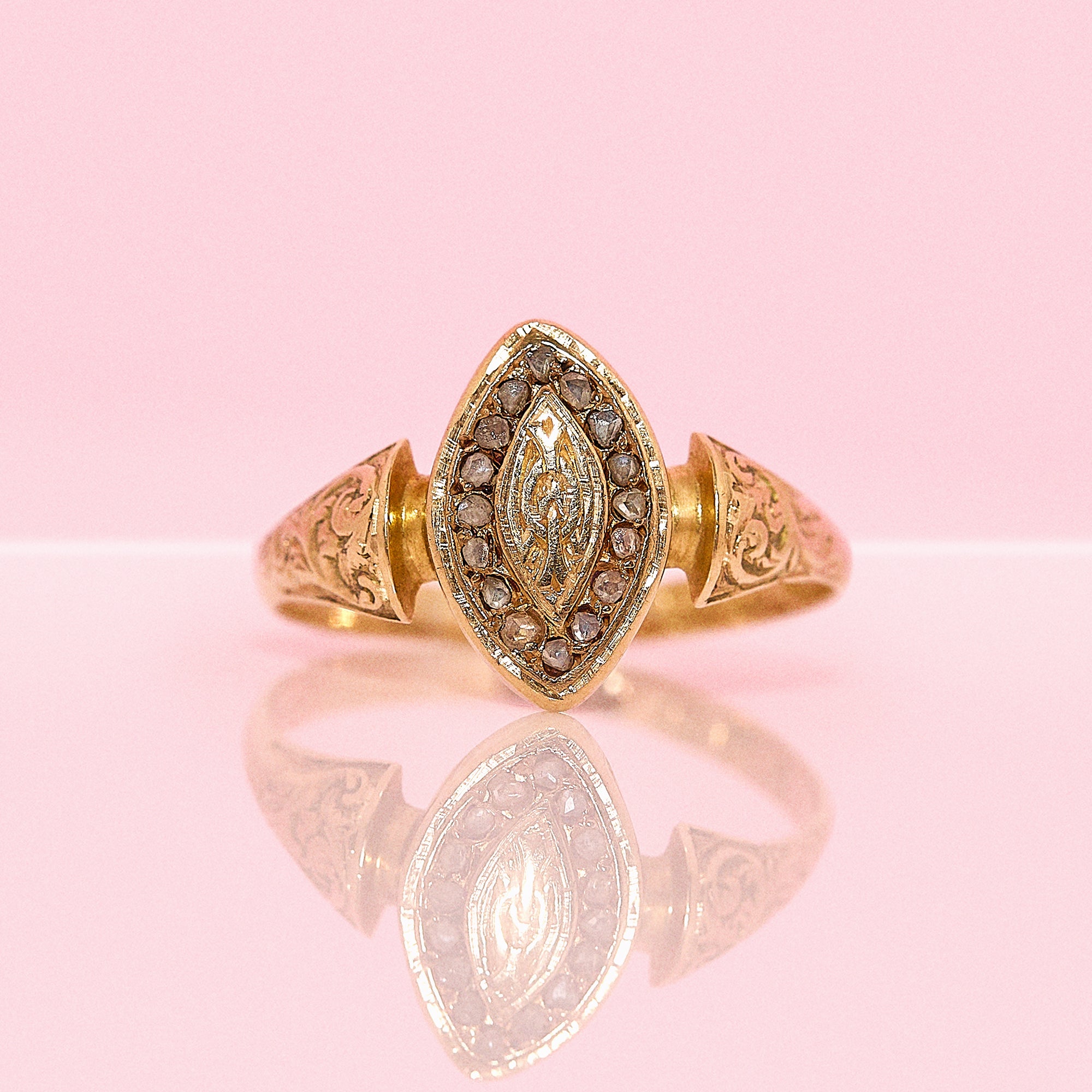 18ct gold rose cut diamond marquise Victorian ring from 1870
