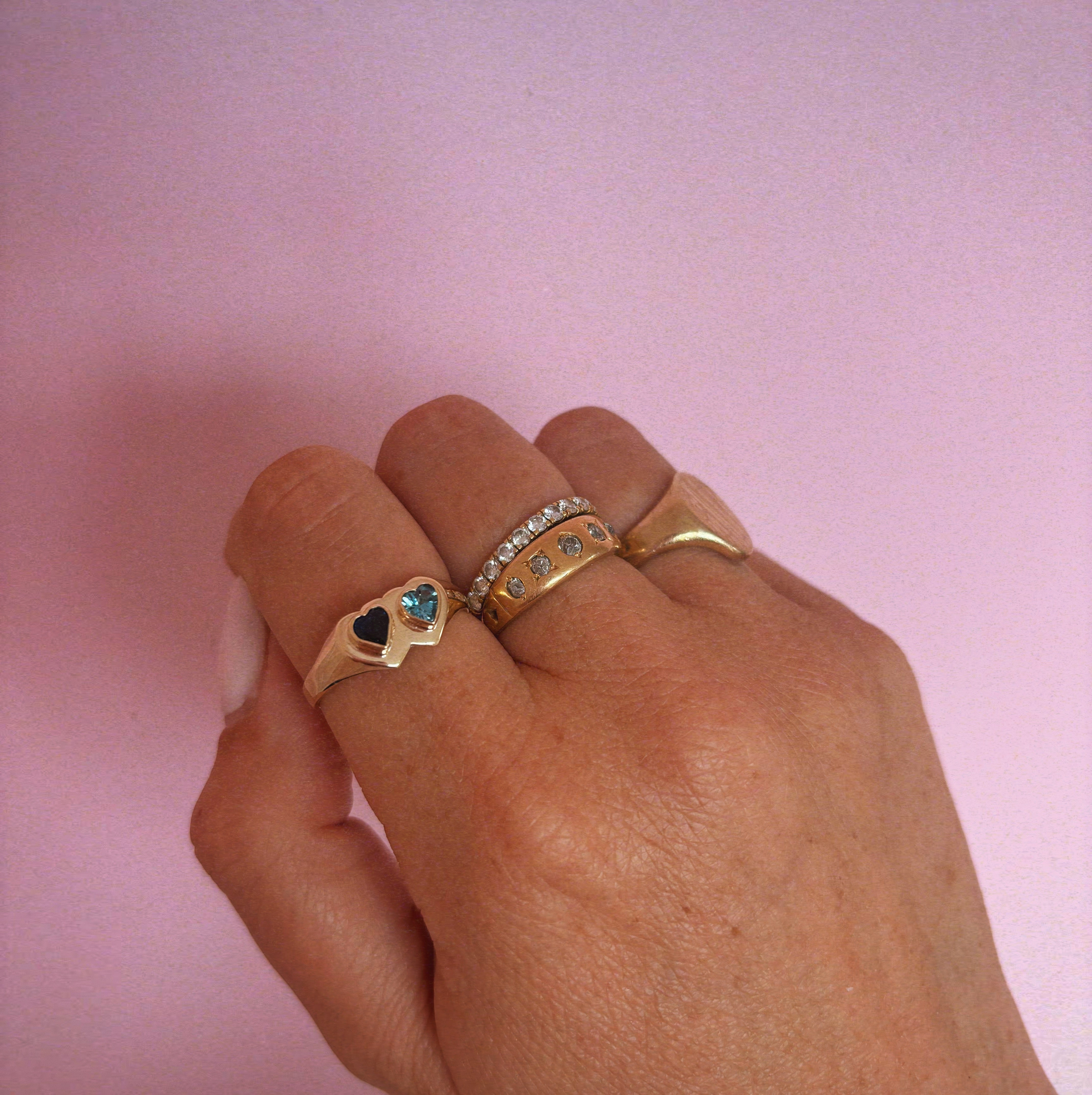 9ct gold bezel set aquamarine and sapphire double heart shaped signet ring (made to order)