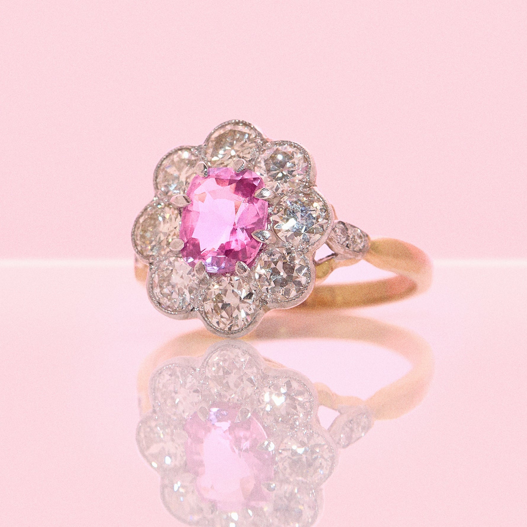18ct gold pink sapphire and diamond flower ring