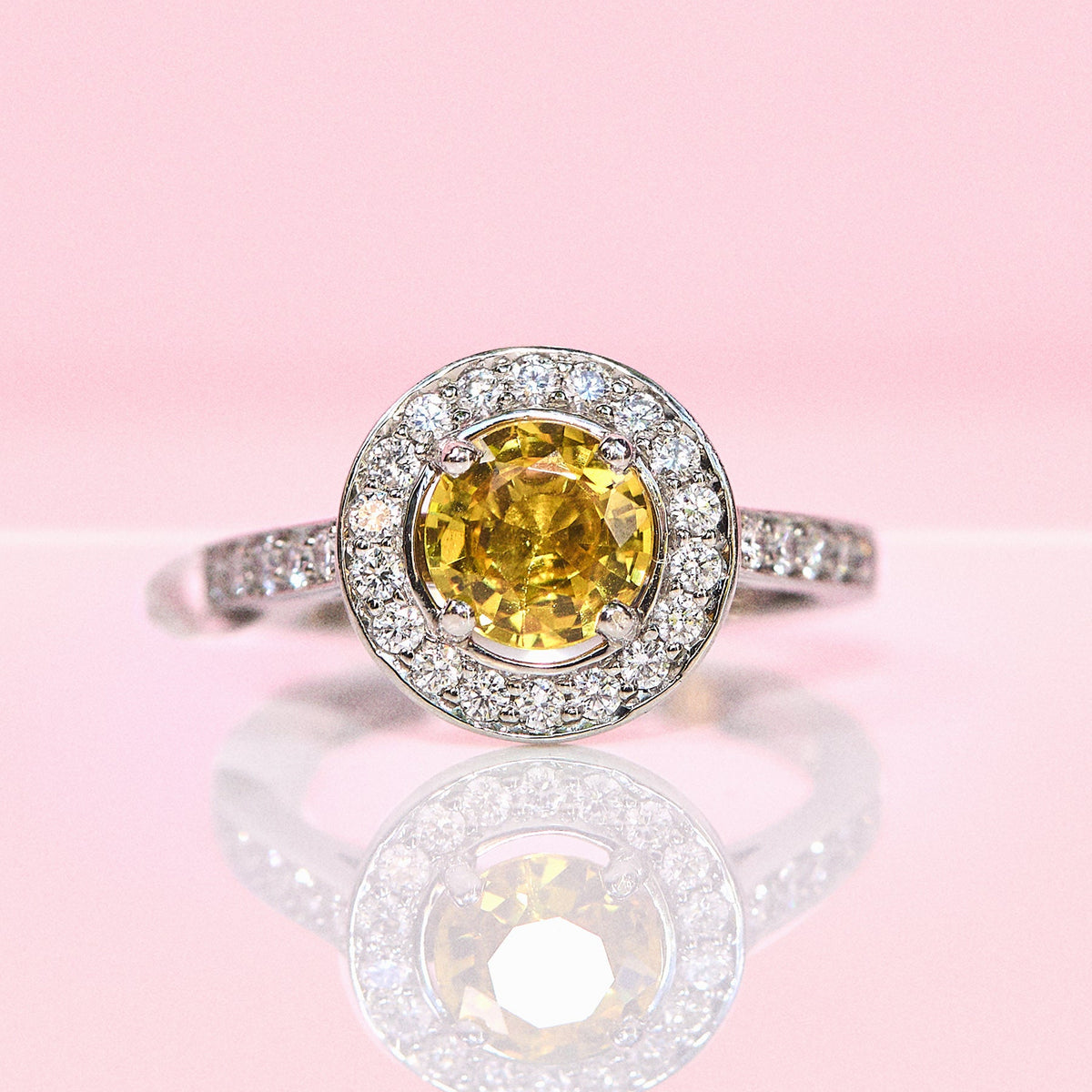 Vintage Platinum 1.05ct yellow sapphire and diamond halo ring