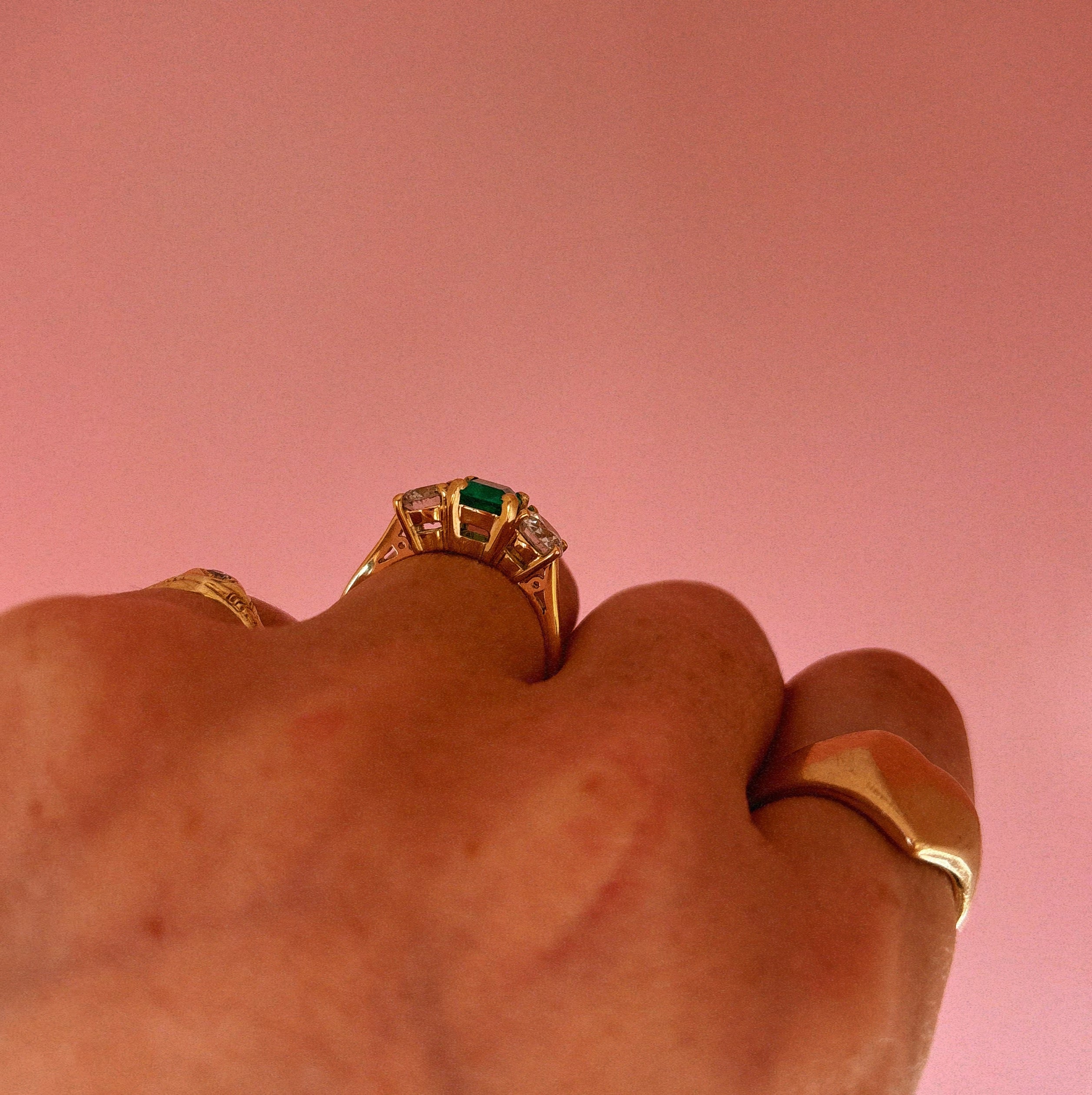 18ct gold Columbian emerald and diamond three stone ring (made to order)