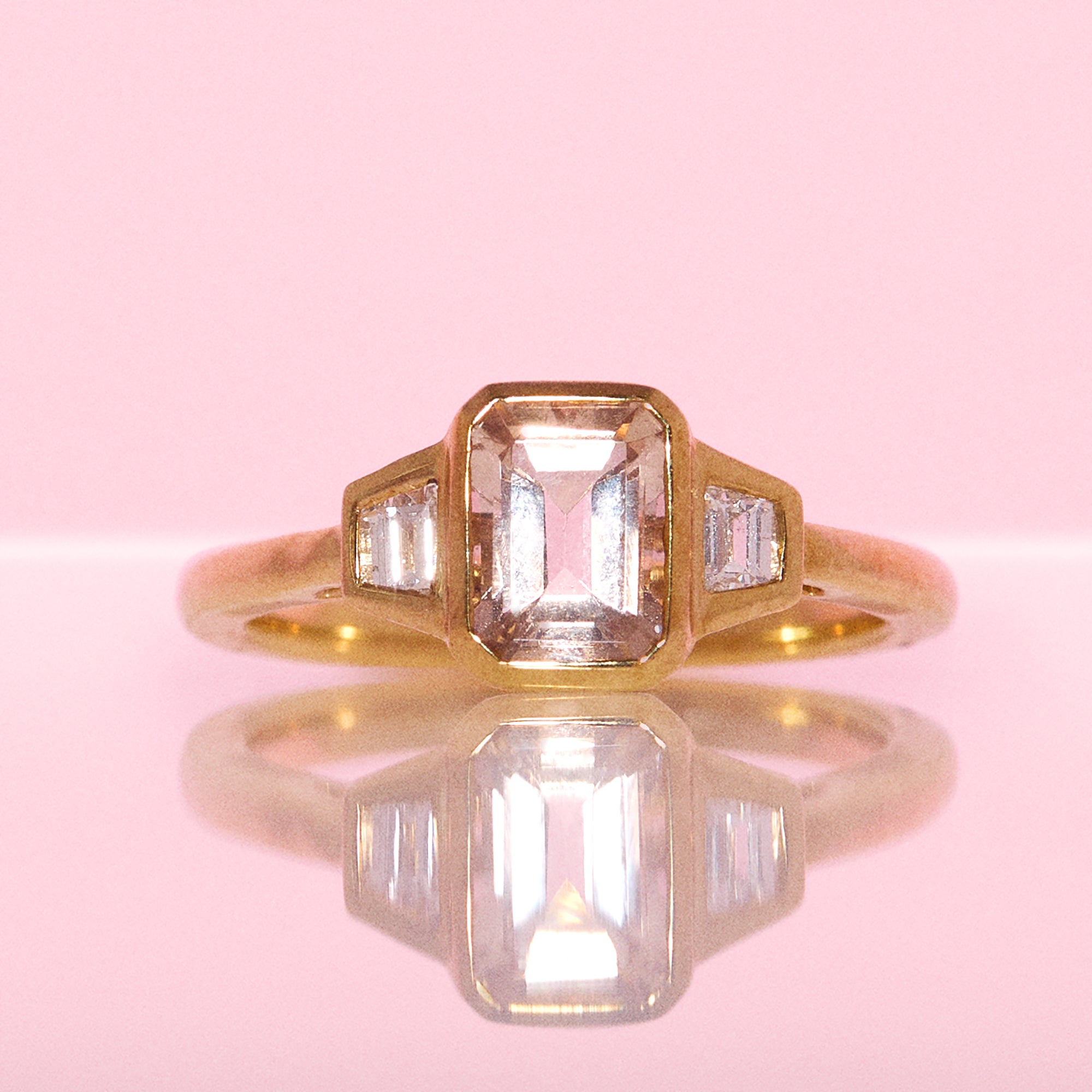 9ct gold emerald cut 0.74ct morganite and 0.22ct diamond ring