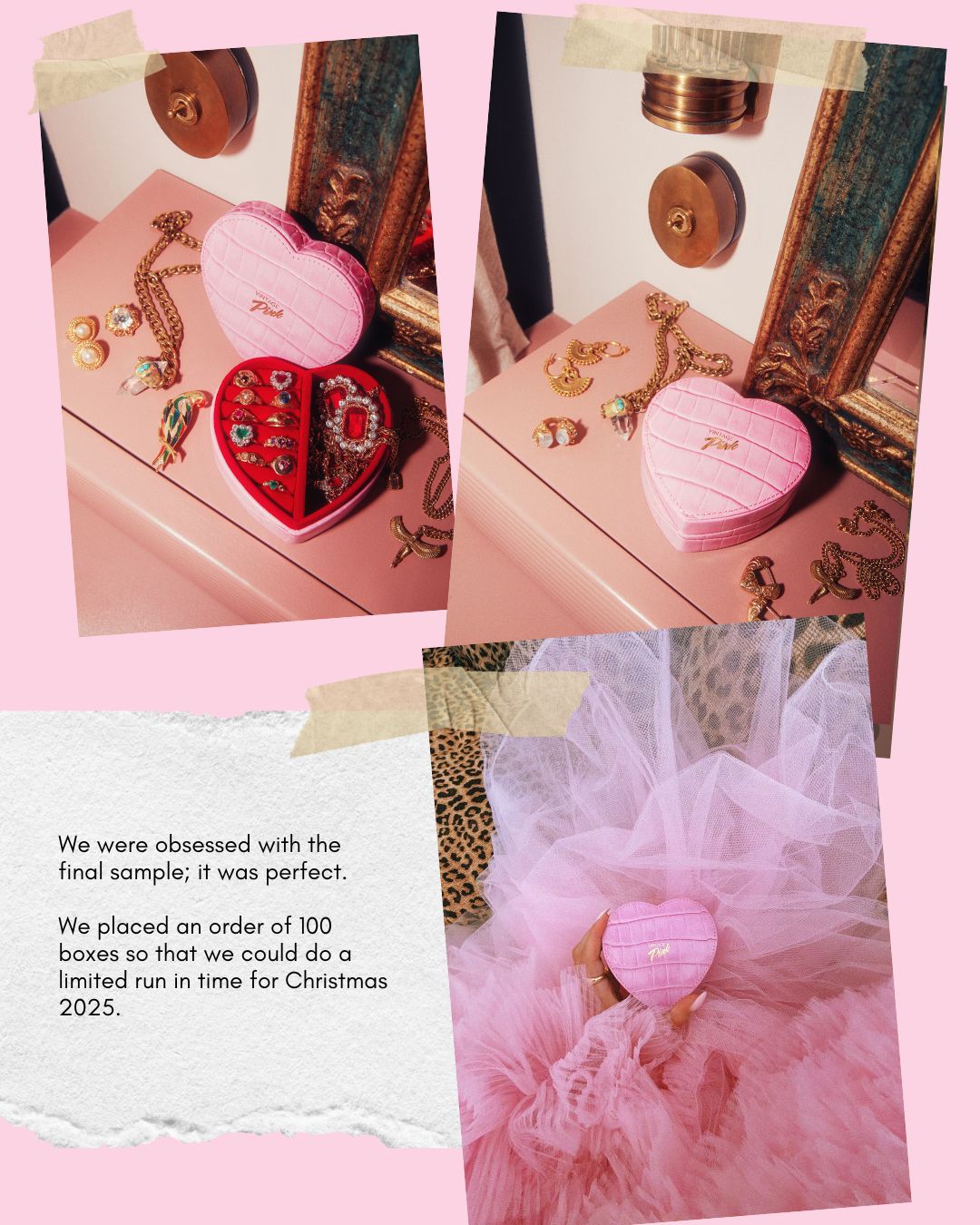 Heart-shaped pink faux croc and red velvet jewellery box
