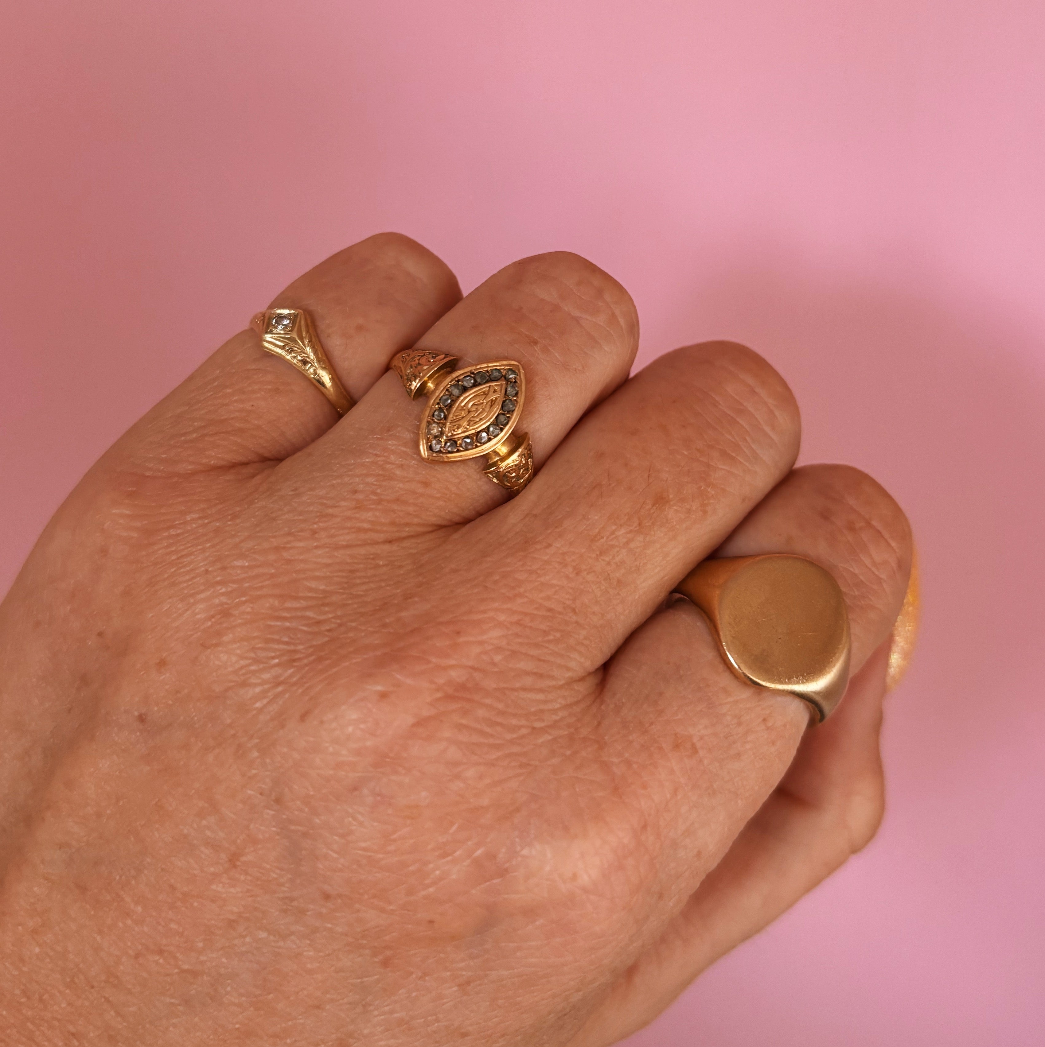 18ct gold rose cut diamond marquise Victorian ring from 1870