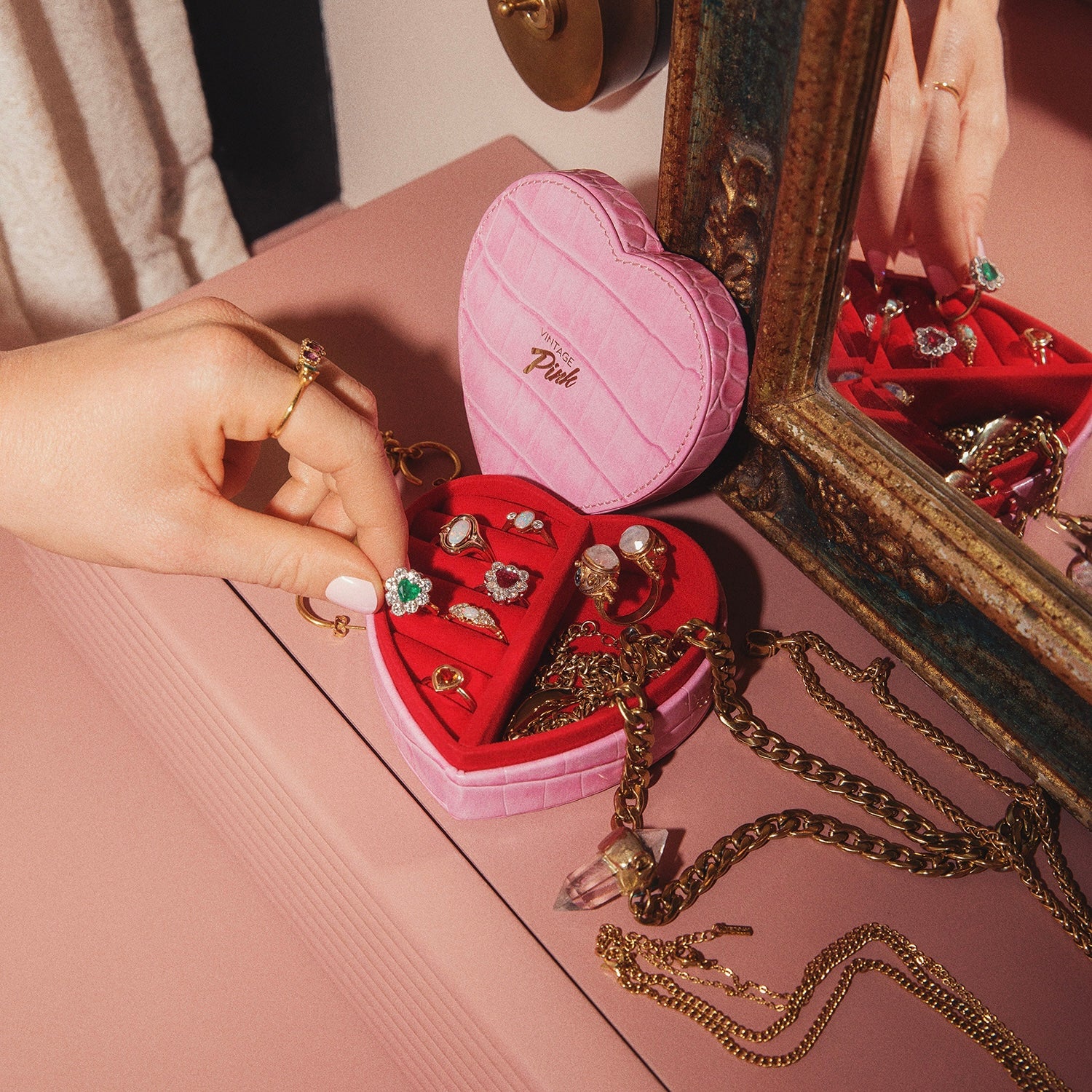 Heart-shaped pink faux croc and red velvet jewellery box (pre-order for Christmas)