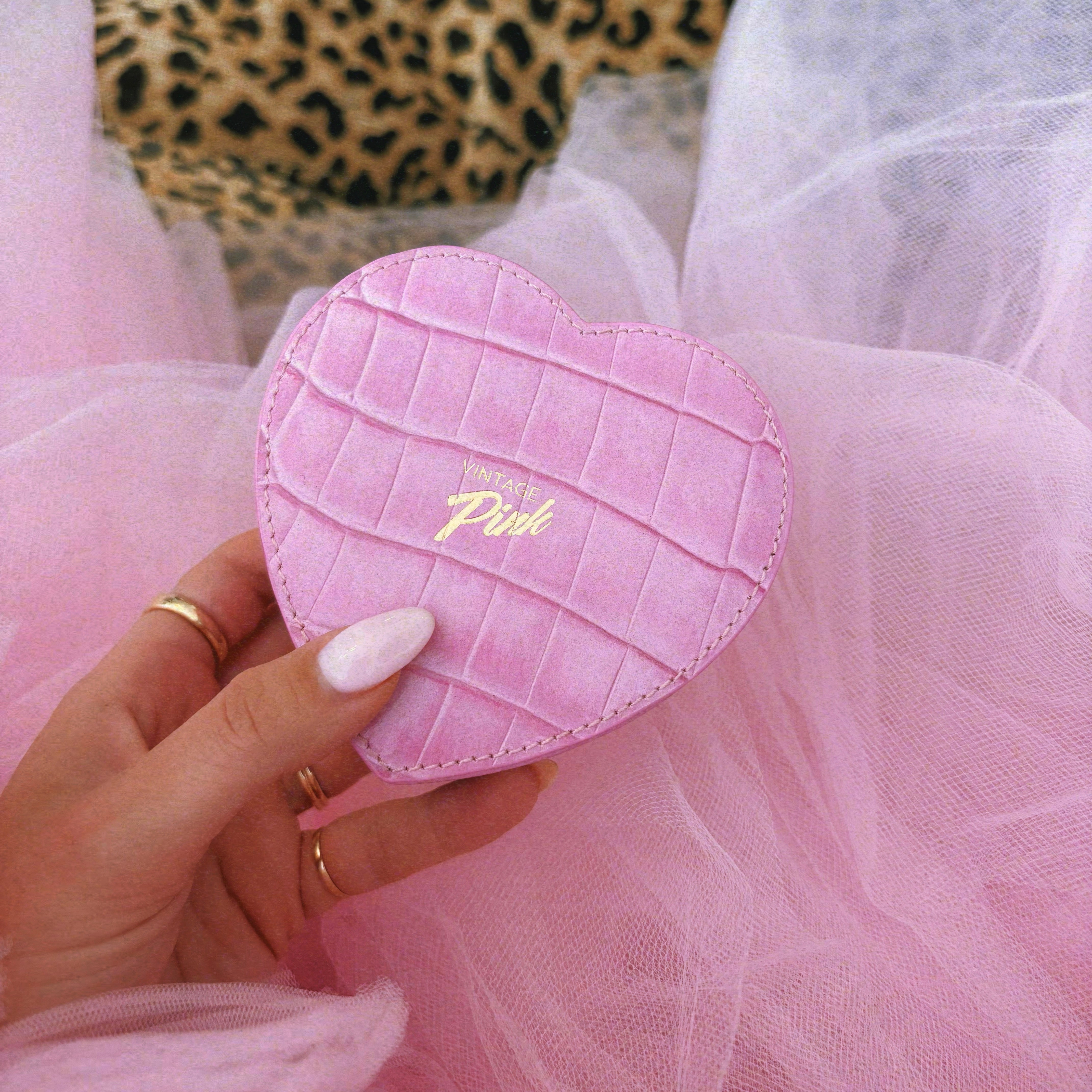 Heart-shaped pink faux croc and red velvet jewellery box