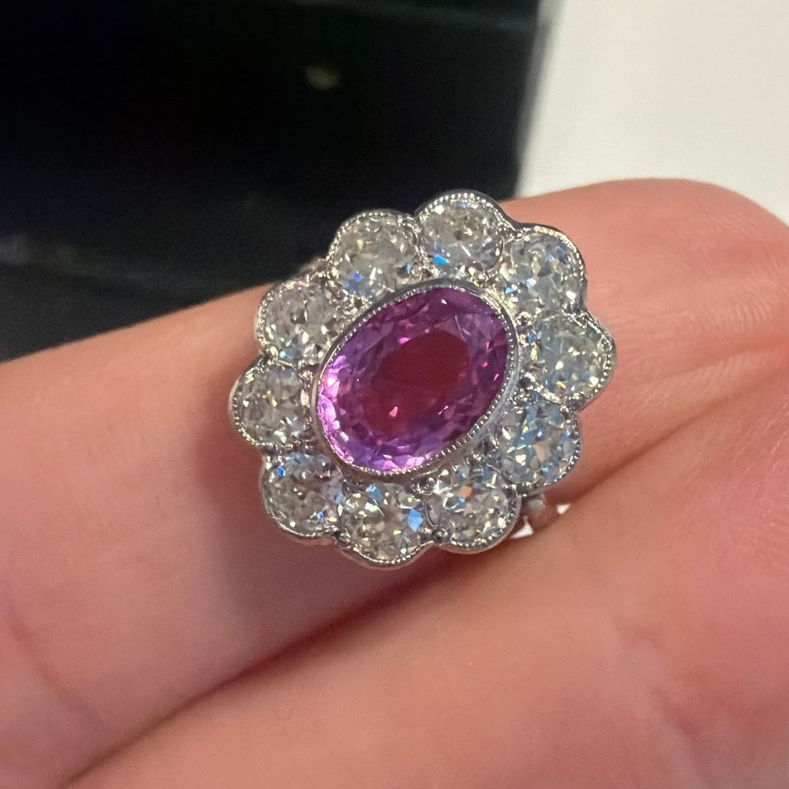 Platinum 1.80ct pink sapphire and 1.50ct old cut diamond flower ring