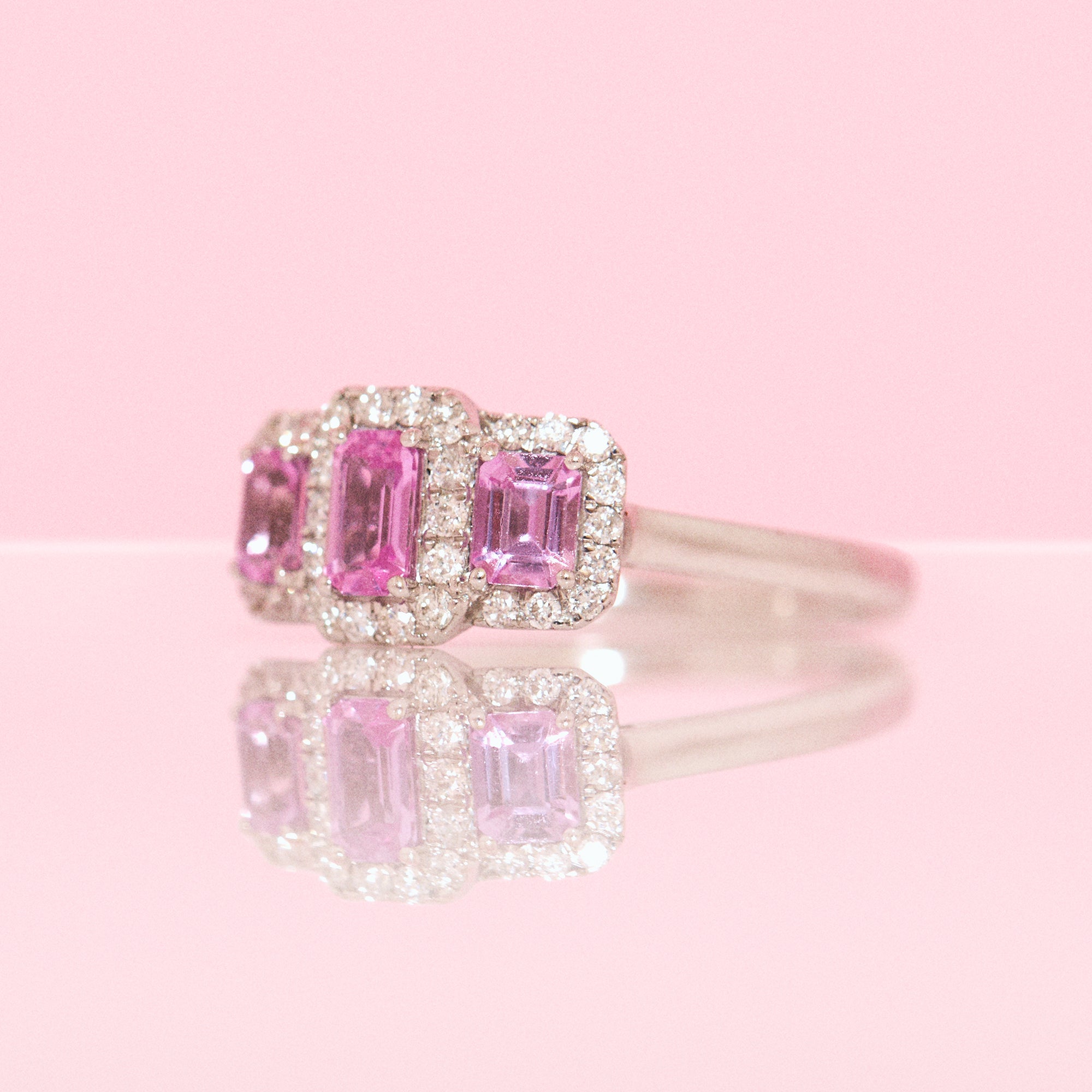 Platinum pink sapphire and diamond trilogy ring (made to order)