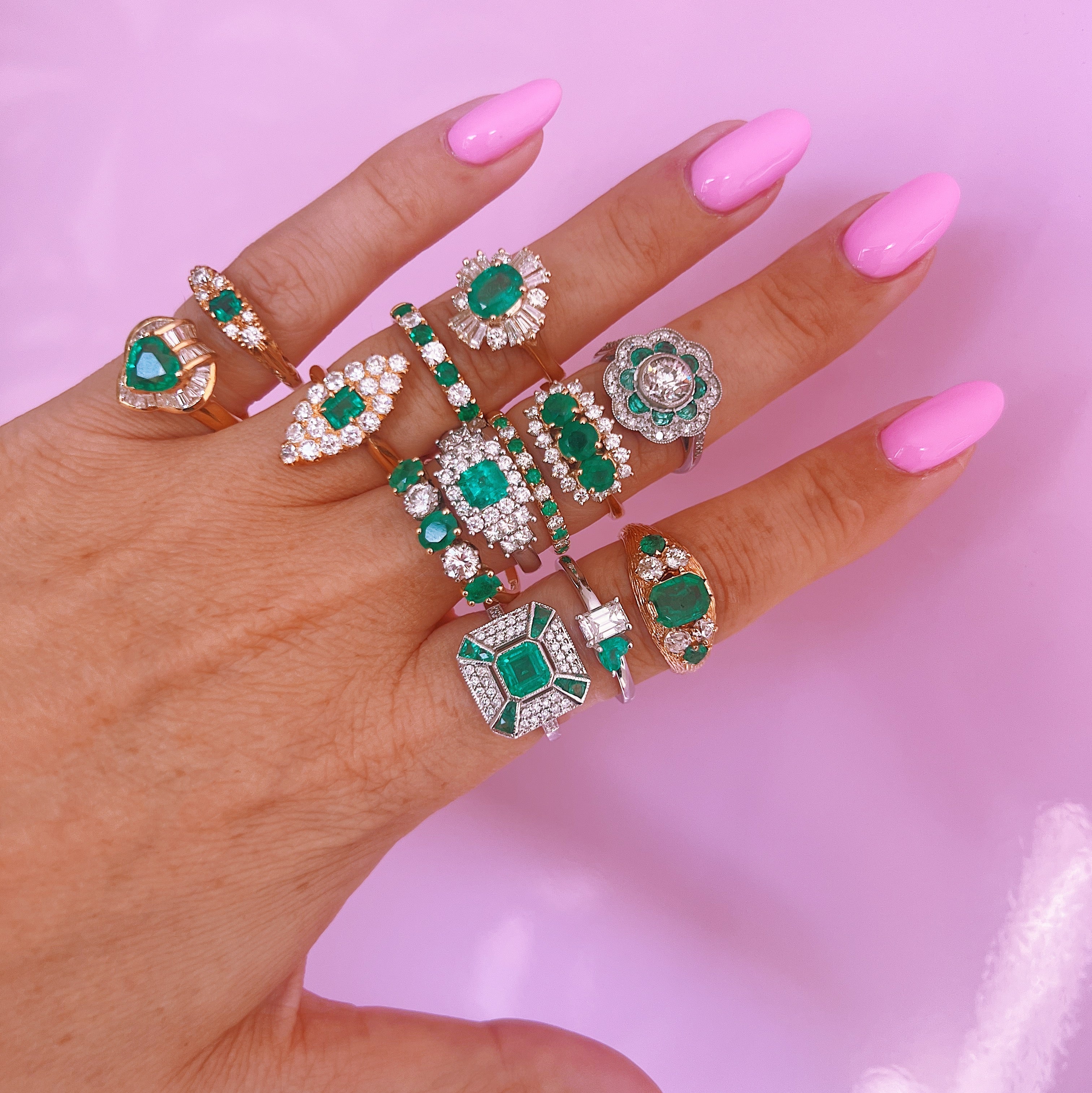18ct yellow gold emerald and diamond half eternity ring