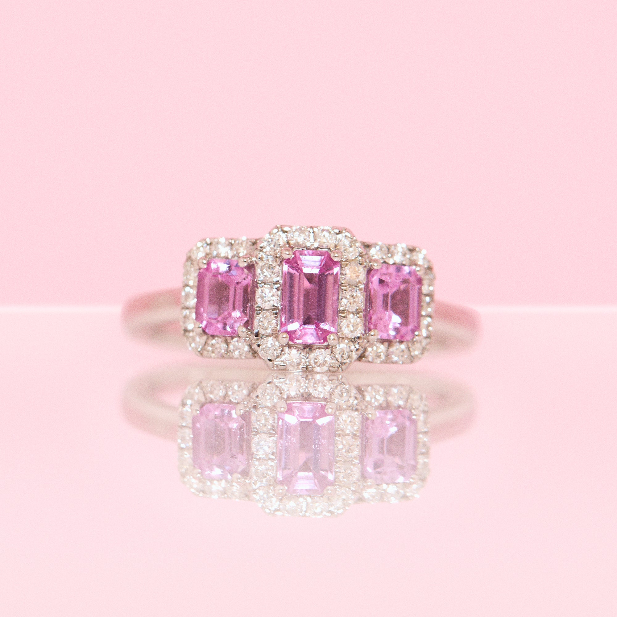 Platinum pink sapphire and diamond trilogy ring (made to order)