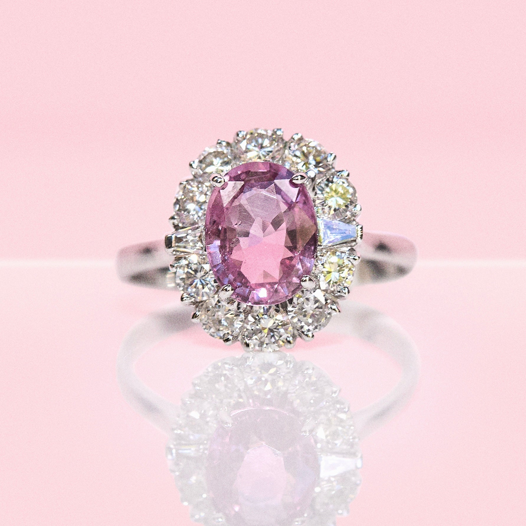 18ct white gold pink sapphire and diamond cluster ring