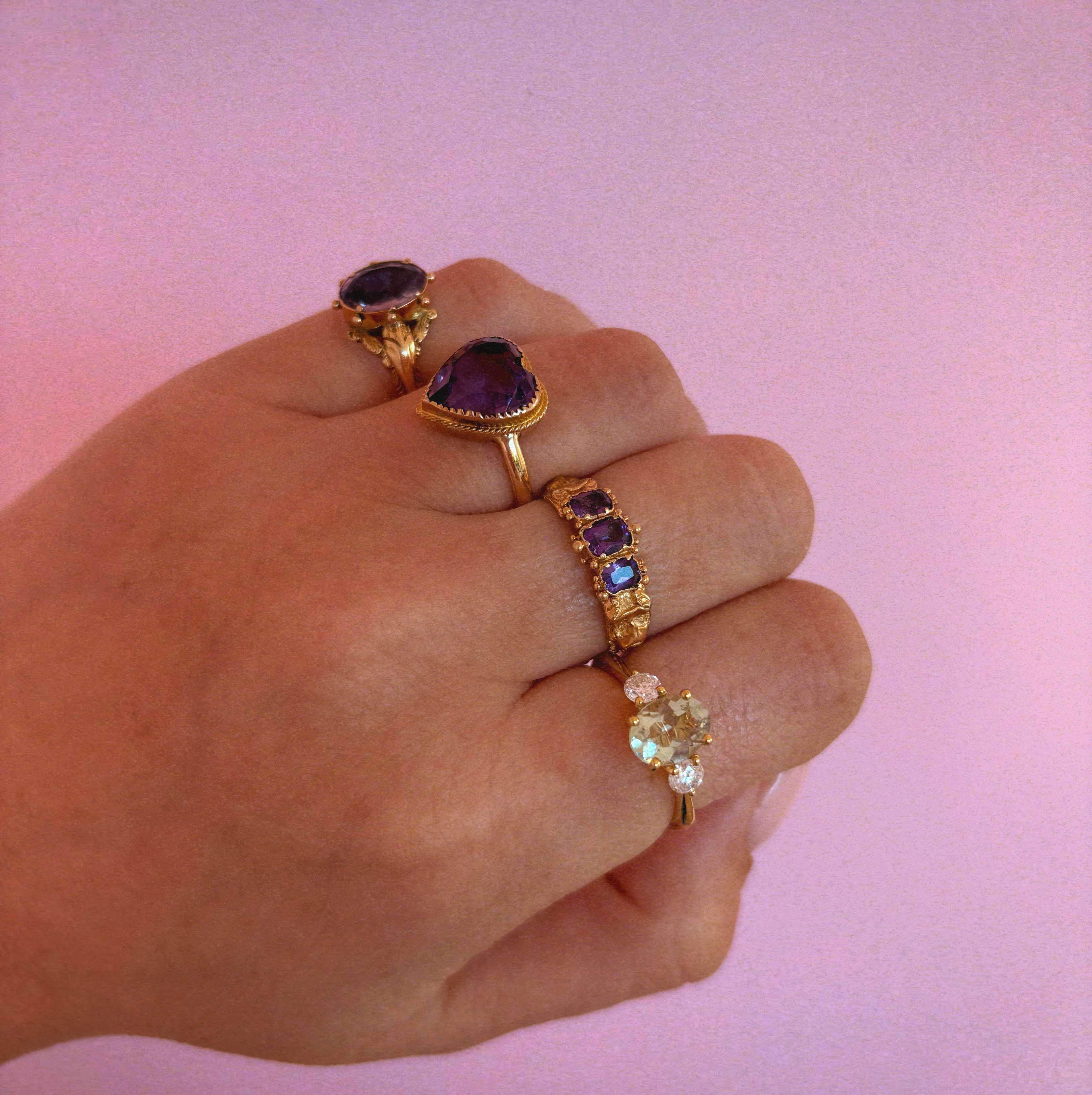 15ct gold three stone amethyst foil back ring