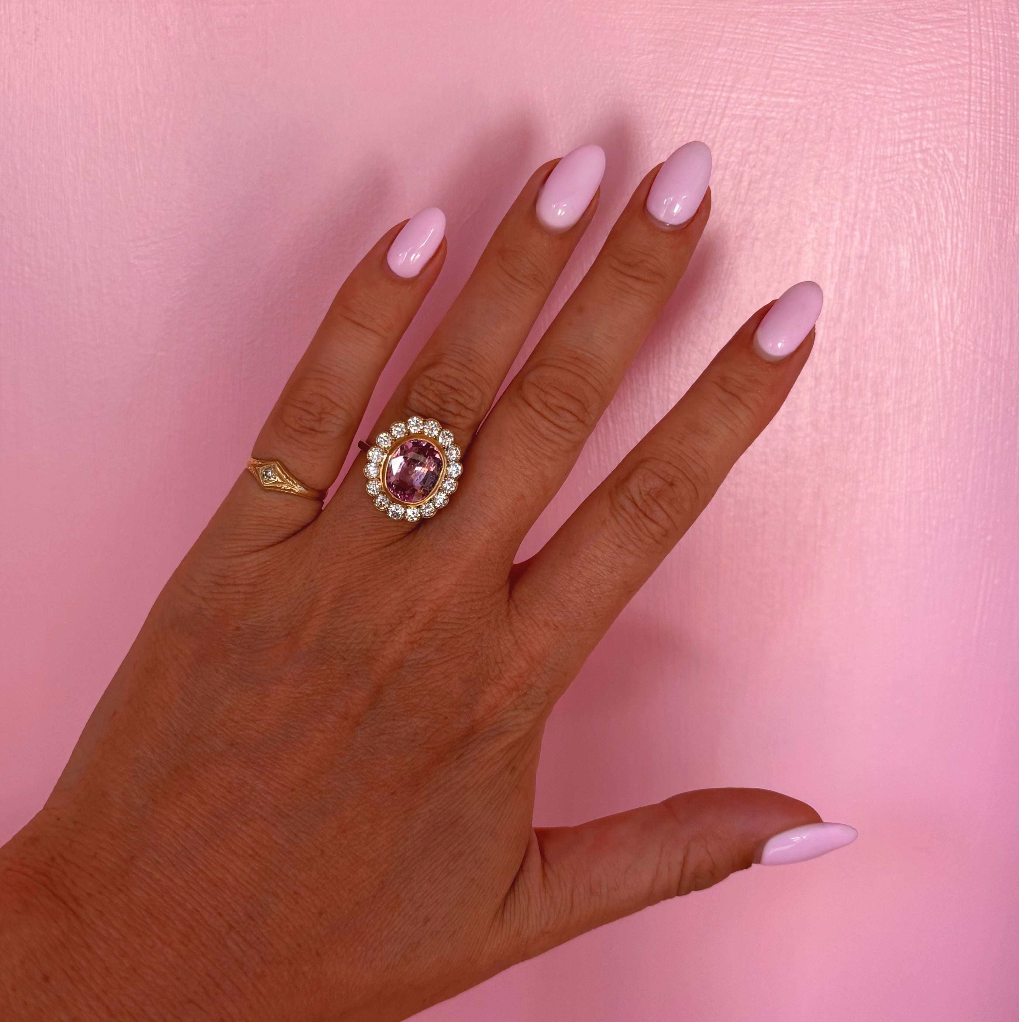 Vintage 18ct gold 6.27ct pink Ceylon cushion cut Sapphire and 1.50ct old cut diamond ring