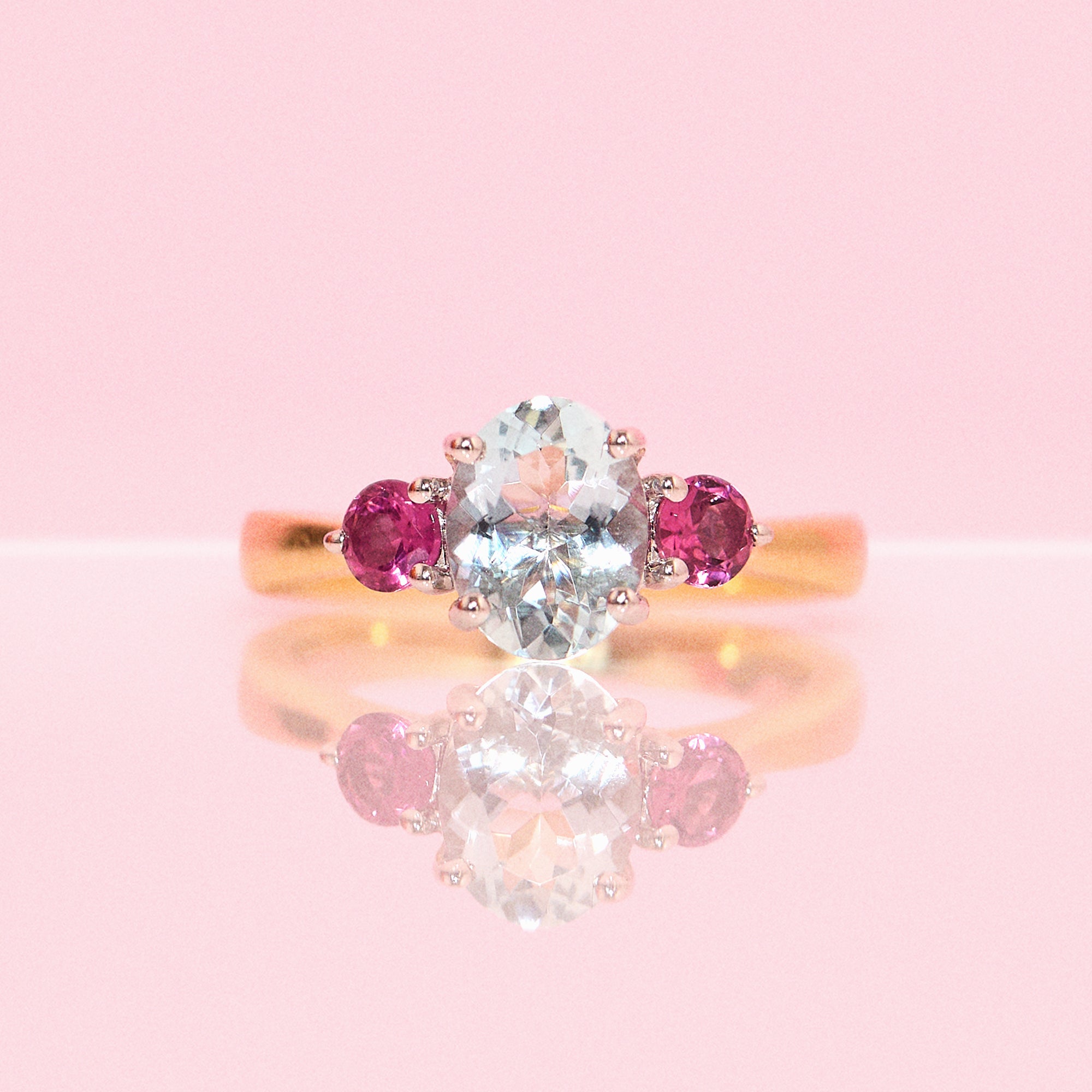 18ct gold aquamarine and pink topaz three stone ring (made to order)