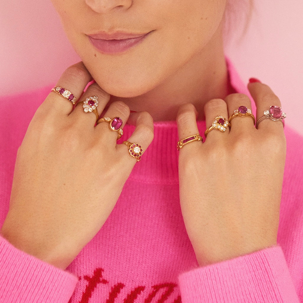 18ct gold pink sapphire and diamond three stone ring