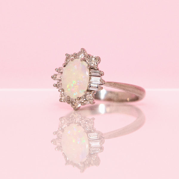 18ct white gold opal and baguette diamond cluster ring