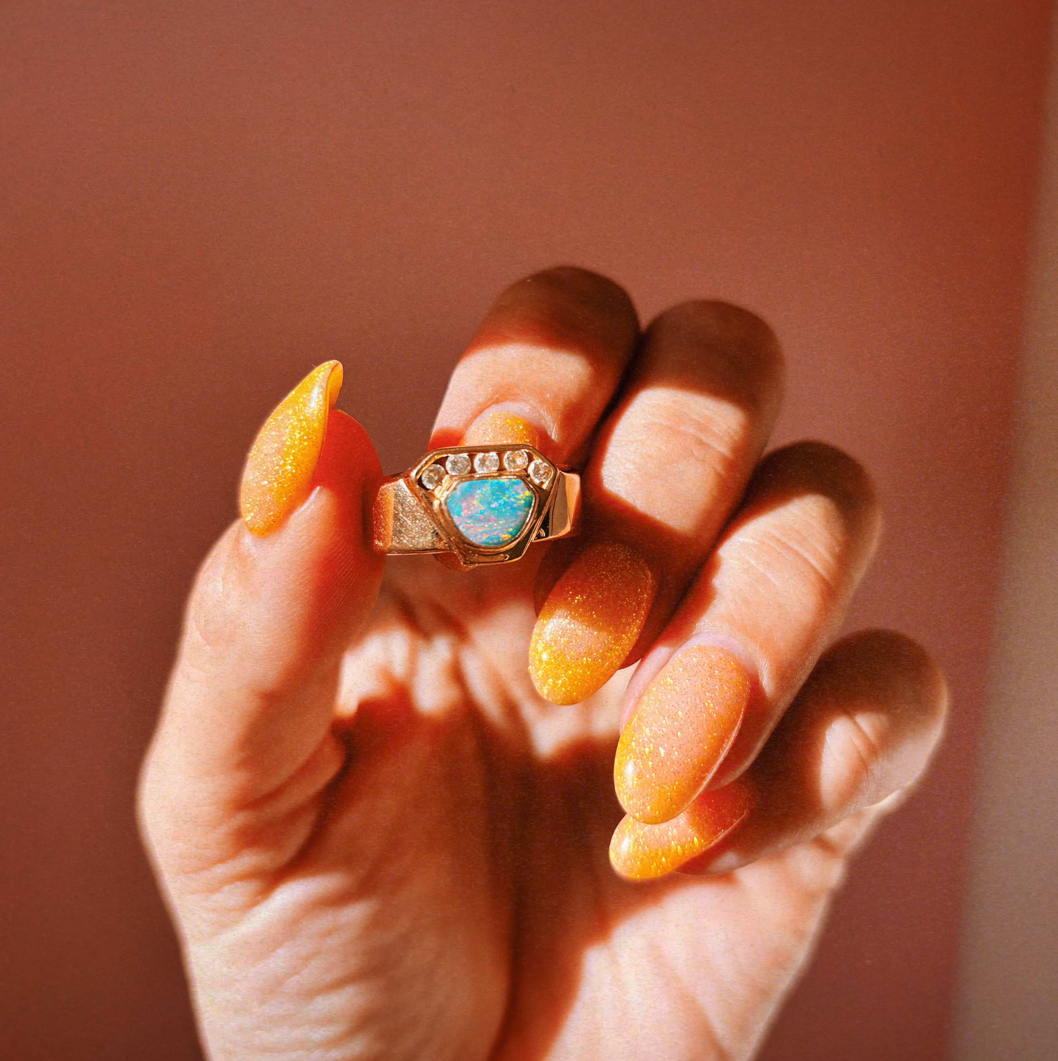 14ct gold Australian fire opal and diamond ‘crown’ ring