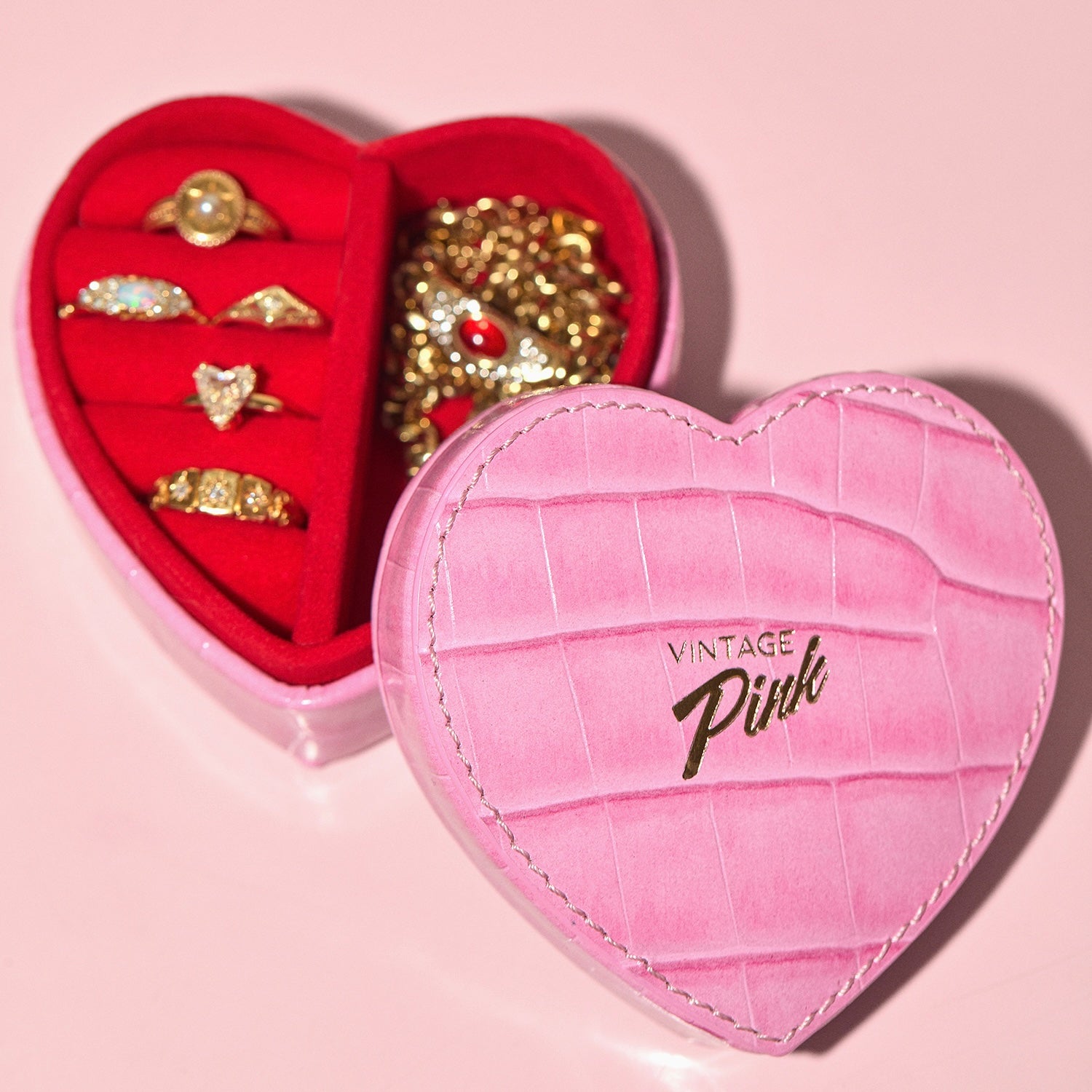 Heart shaped pink faux croc and red velvet jewellery box (pre order)