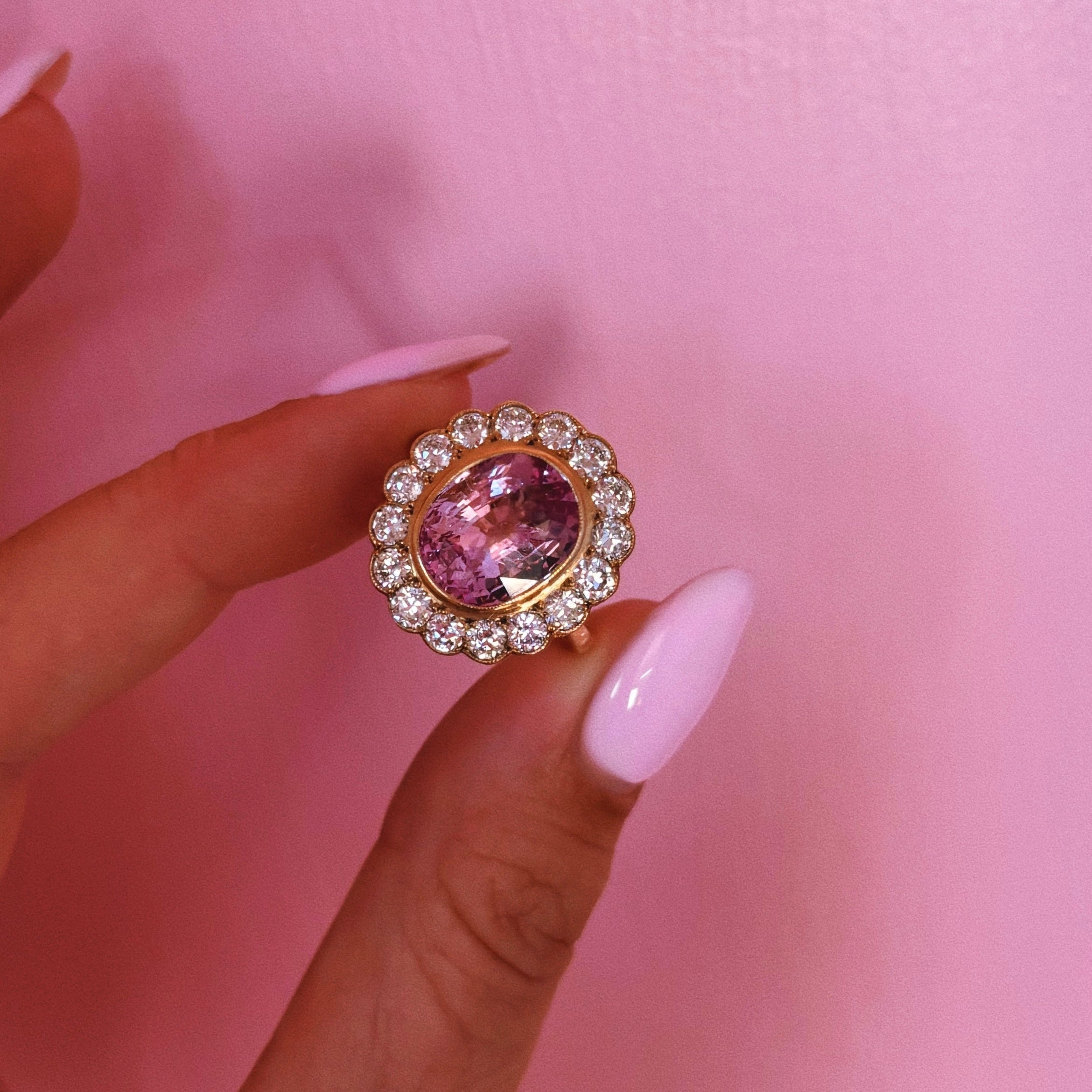 Vintage 18ct gold 6.27ct pink Ceylon cushion cut Sapphire and 1.50ct old cut diamond ring