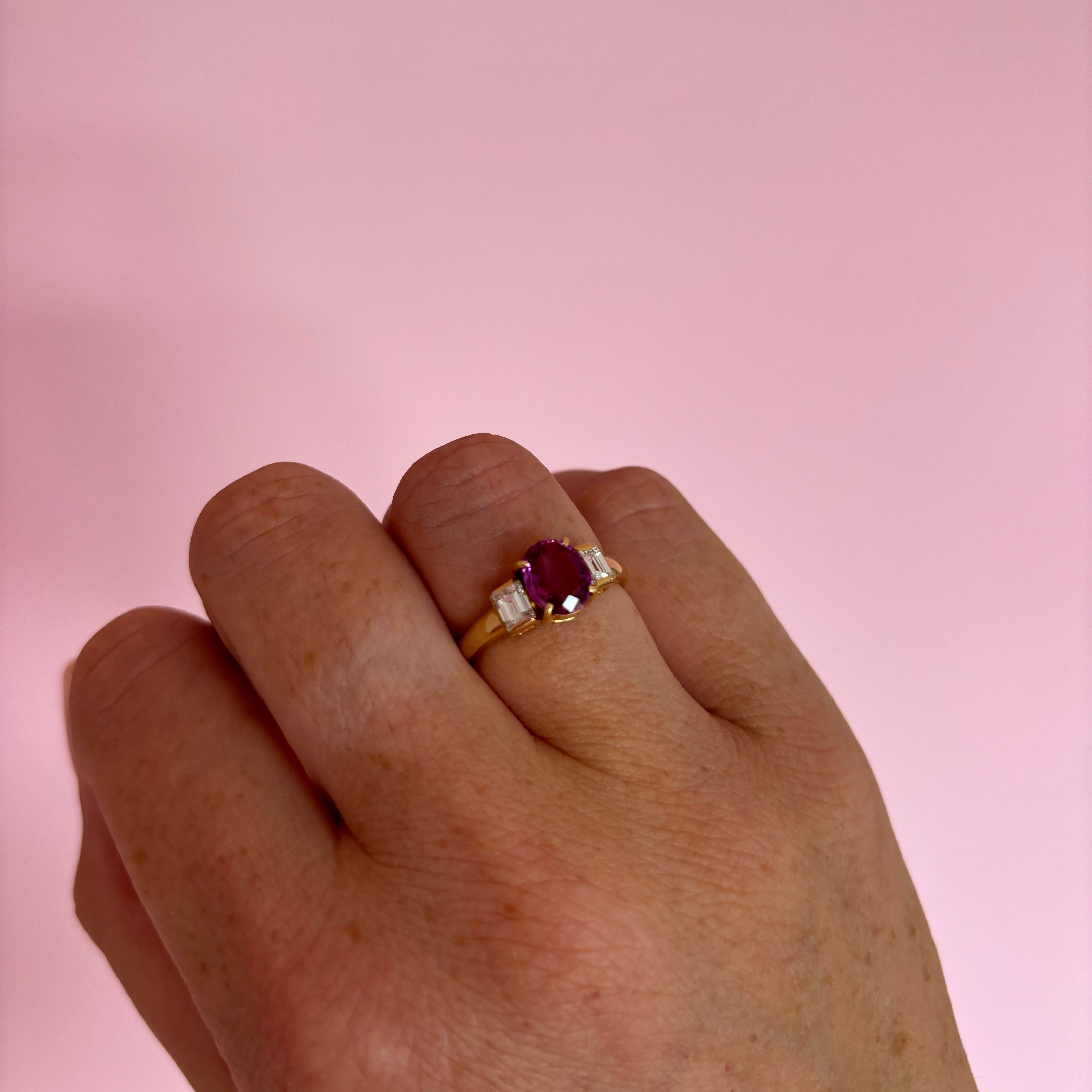 18ct gold pink sapphire and diamond three stone ring