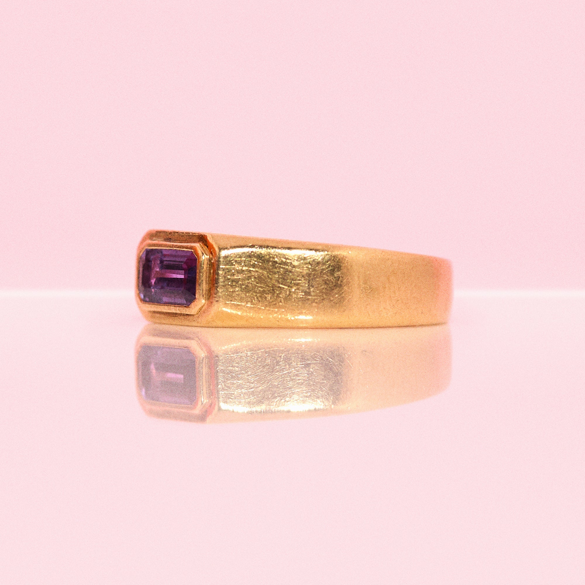 18ct gold bezel set amethyst east to west signet ring