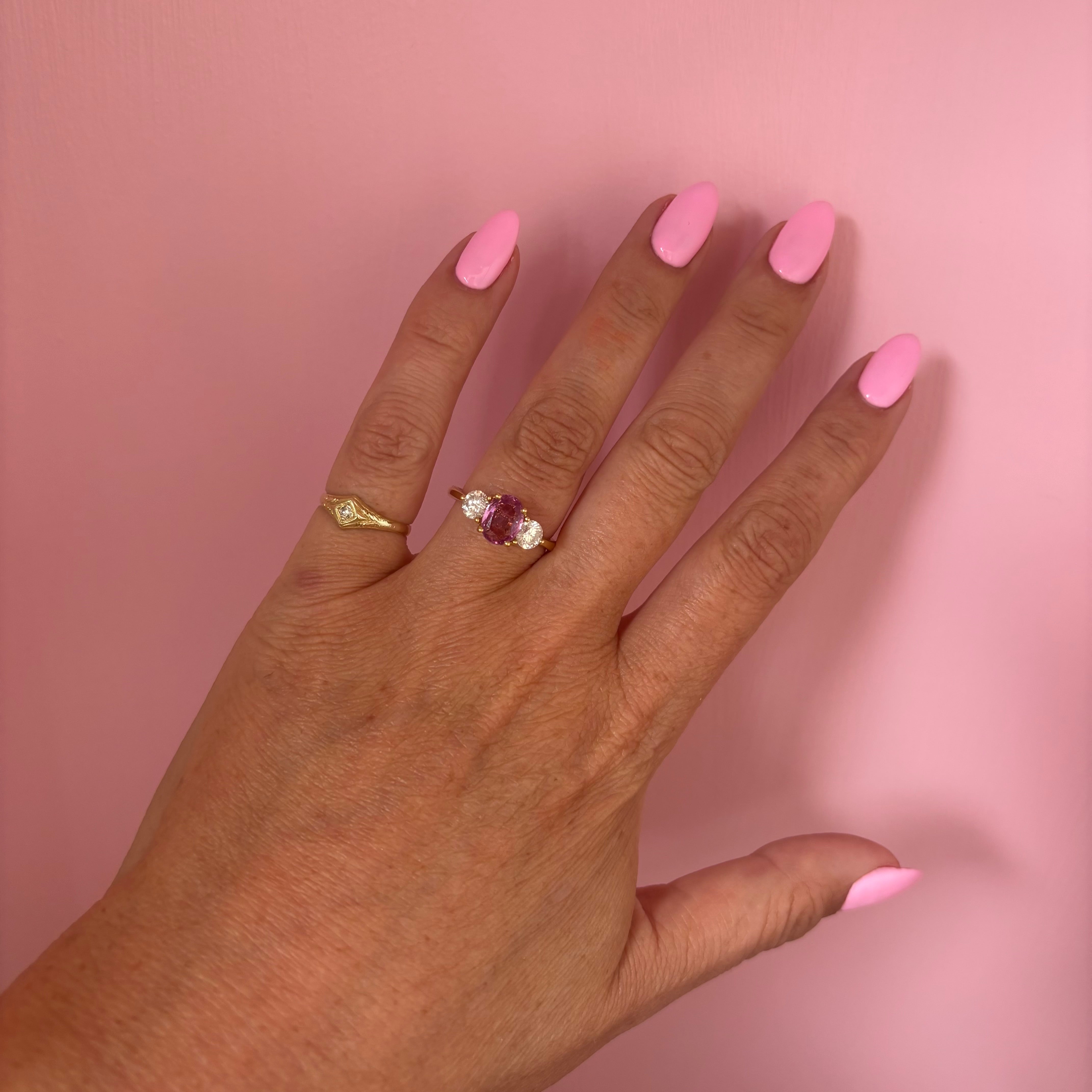 18ct gold 1.46ct pink sapphire and 0.84ct diamond three stone ring