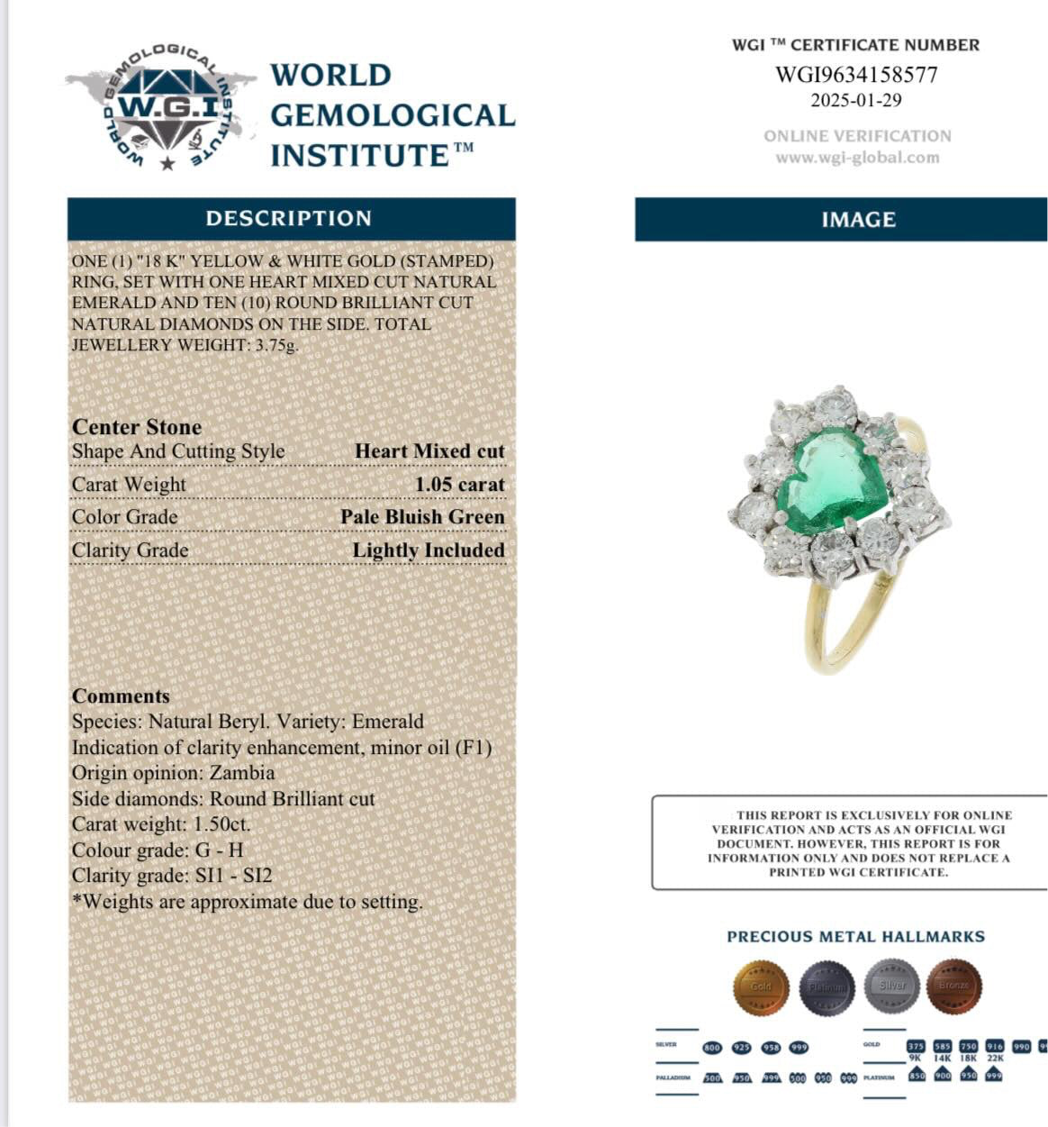 18ct gold 1.05ct heart-shaped emerald and diamond ring