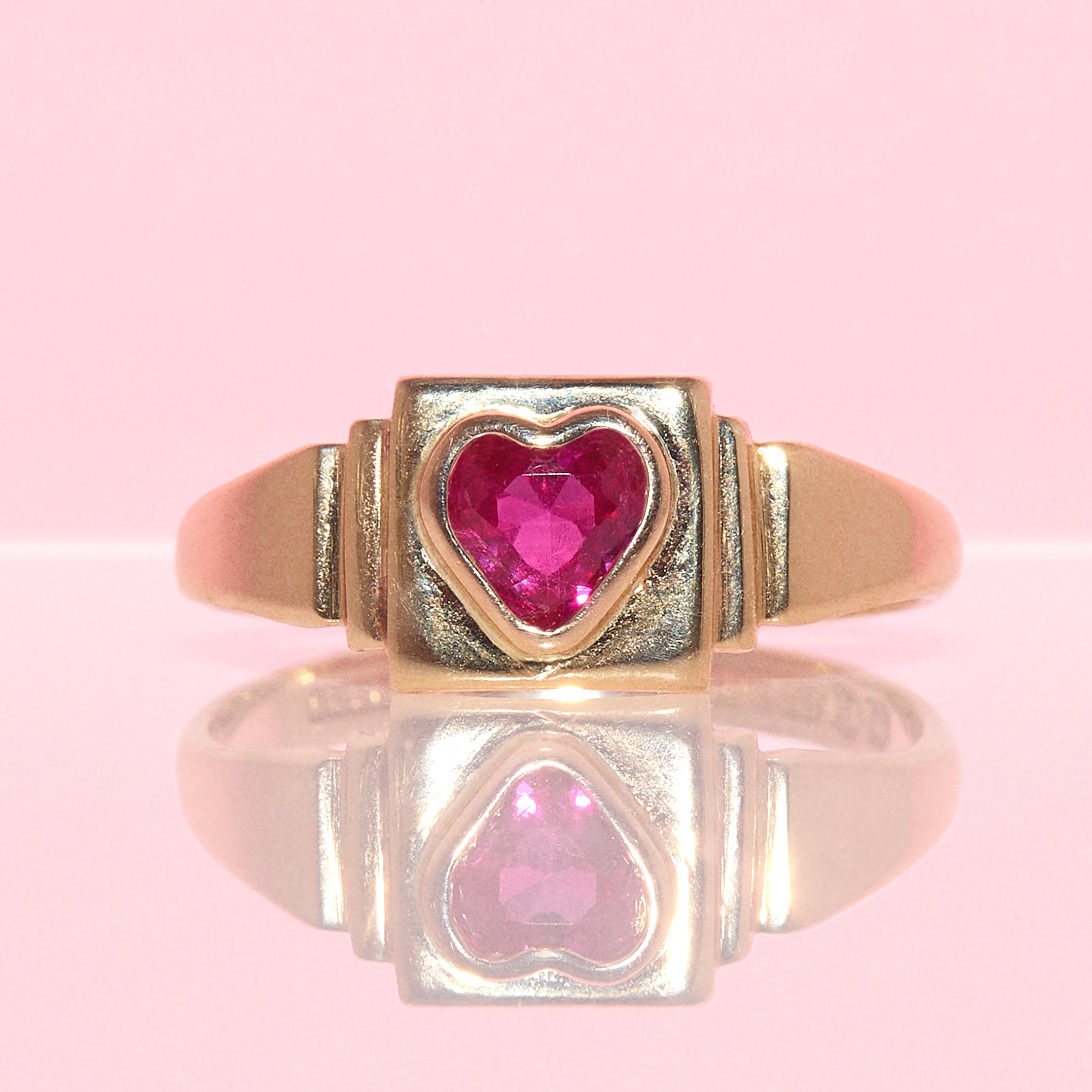 9ct gold heart shaped pink ruby vintage pinky ring from 1947
