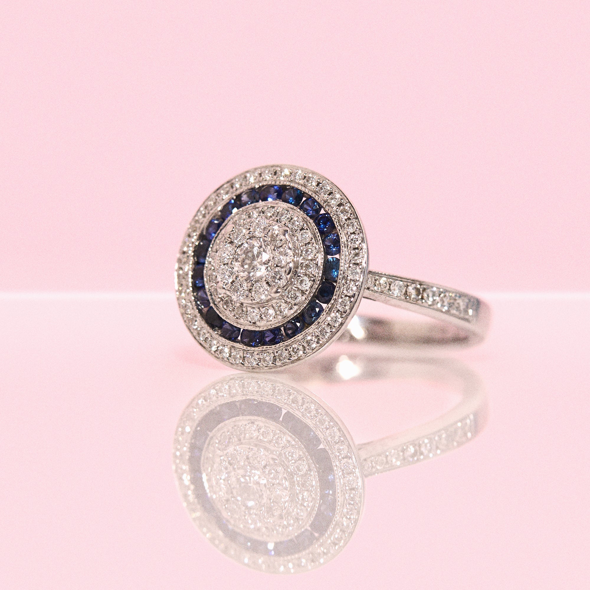 18ct white gold sapphire and diamond target ring