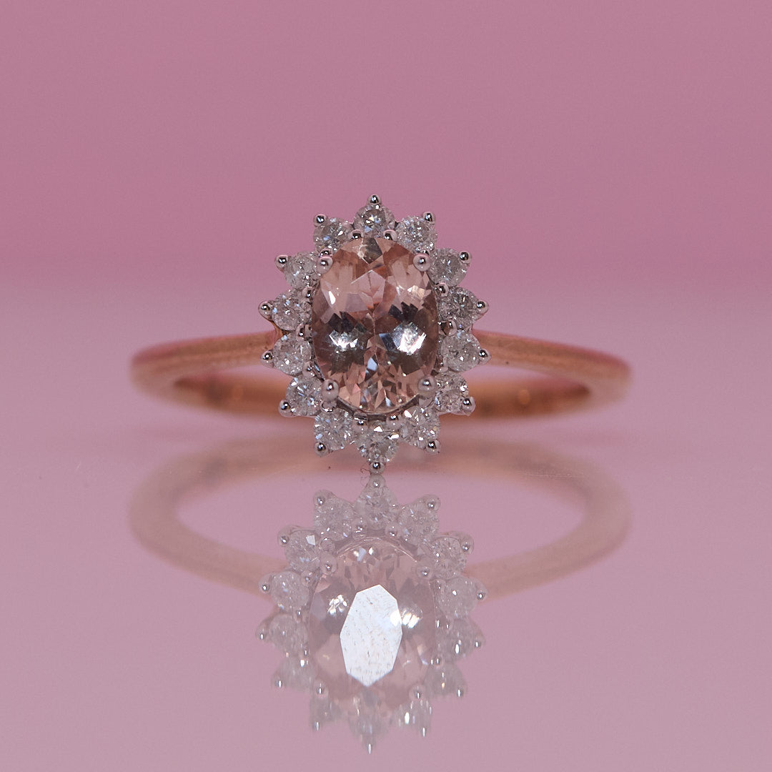 9ct rose gold 0.67ct morganite and 0.26ct diamond cluster ring