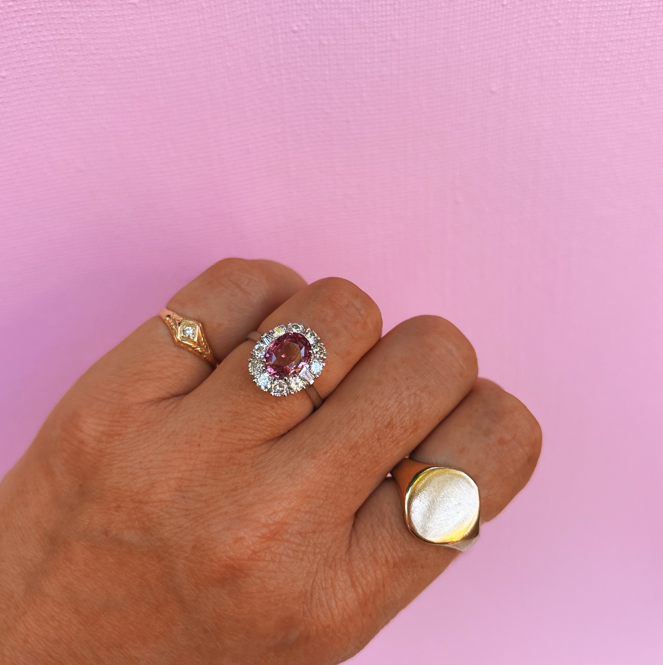 18ct white gold pink sapphire and diamond cluster ring