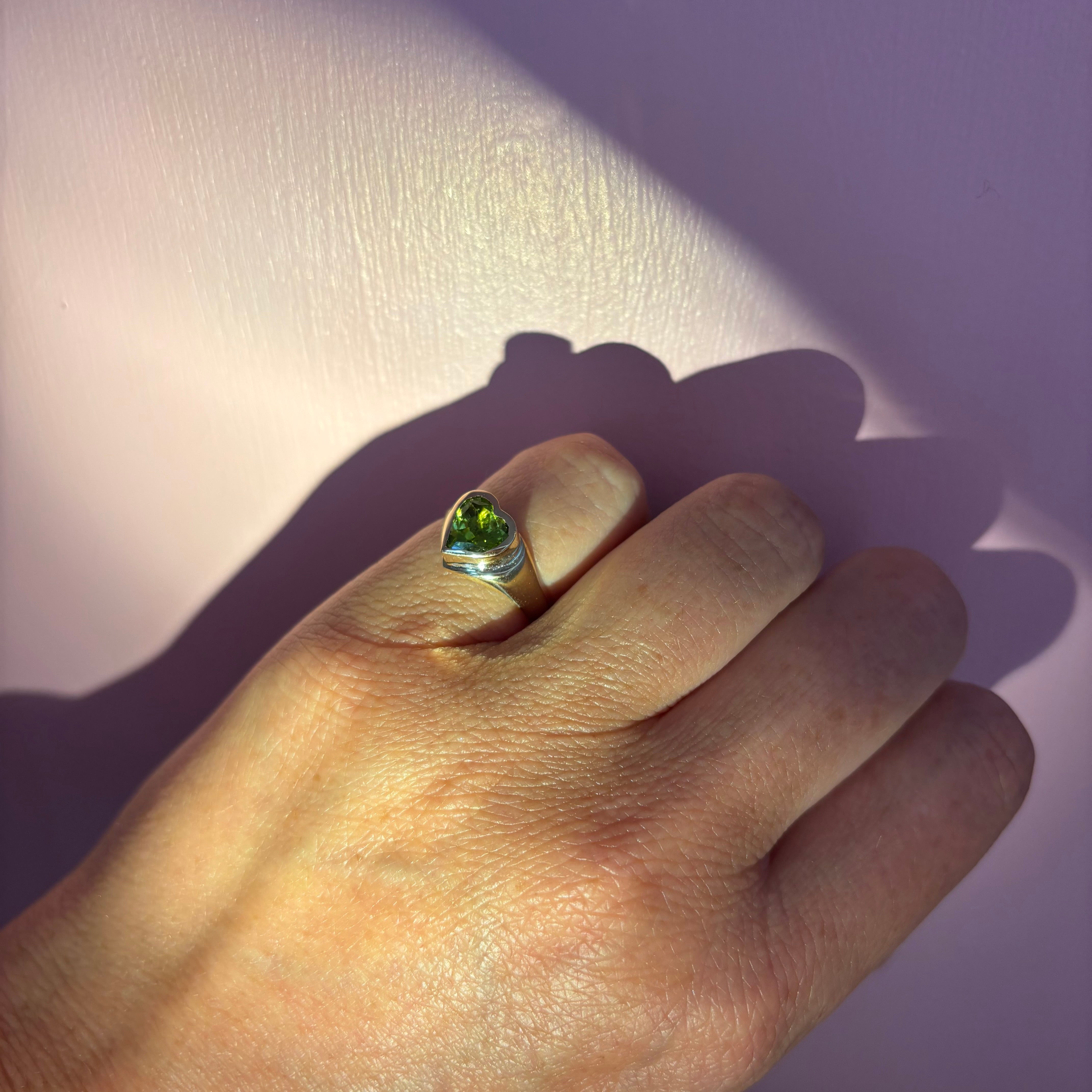9ct gold bezel set heart shaped peridot signet ring