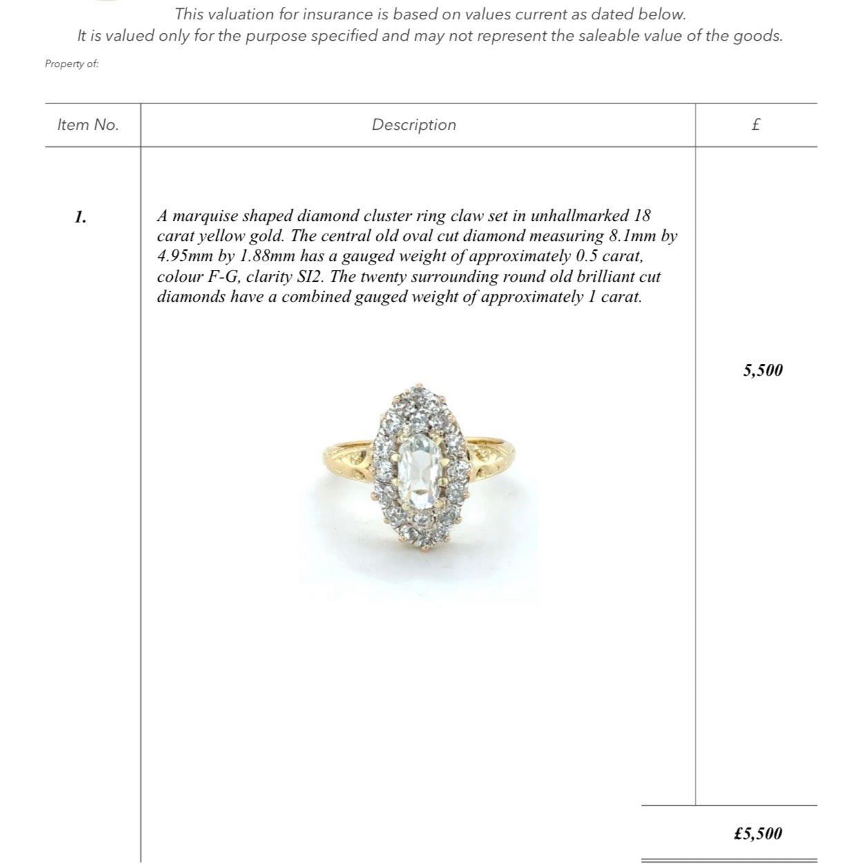 18ct gold 0.5ct old oval diamond marquise cluster ring