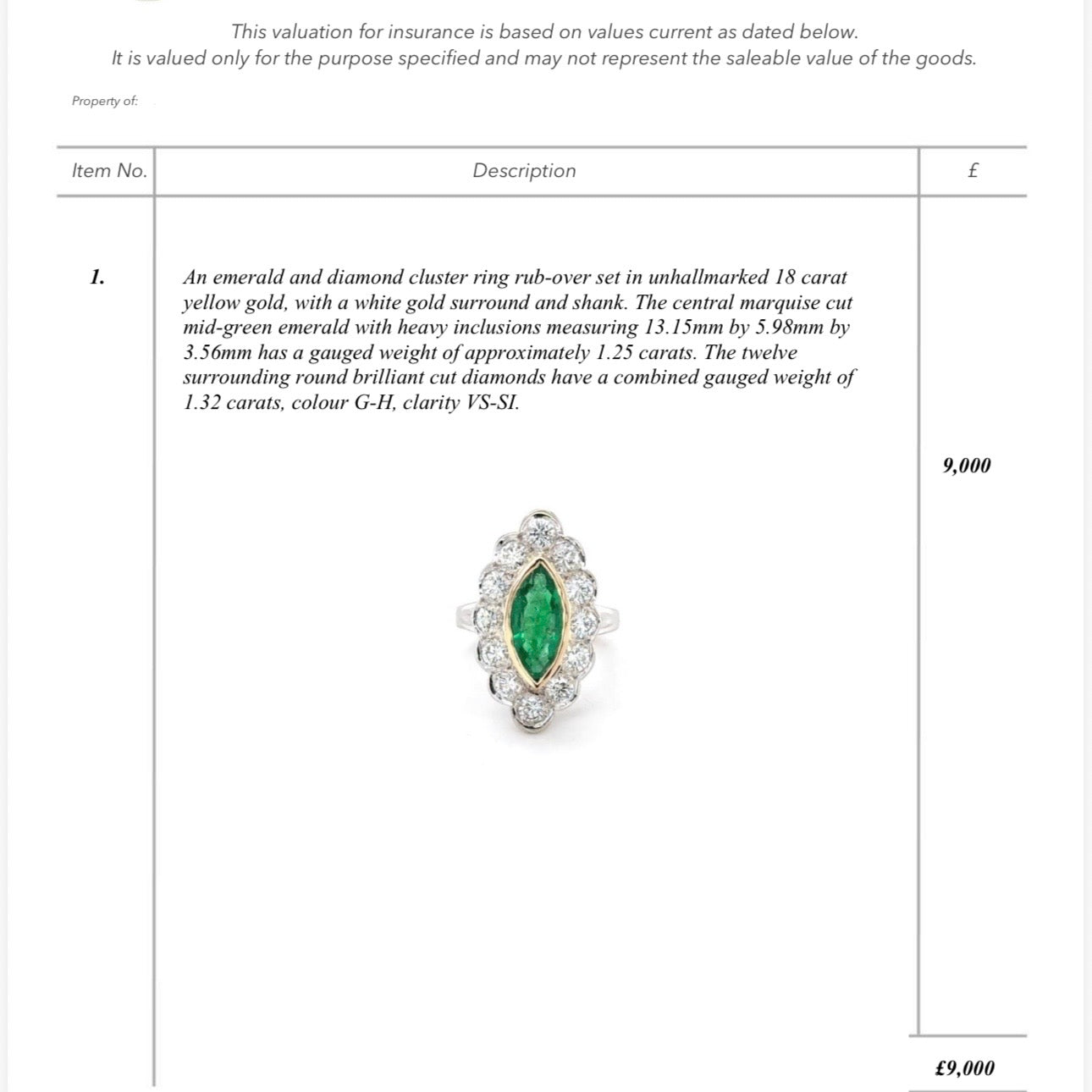 Vintage 18ct white gold bezel set marquise emerald and diamond ring