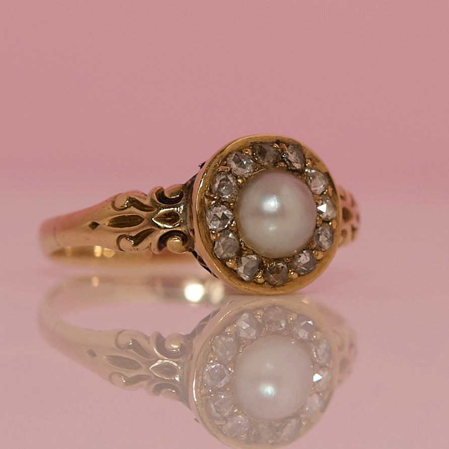 14ct gold Victorian pearl and rose cut diamond ring