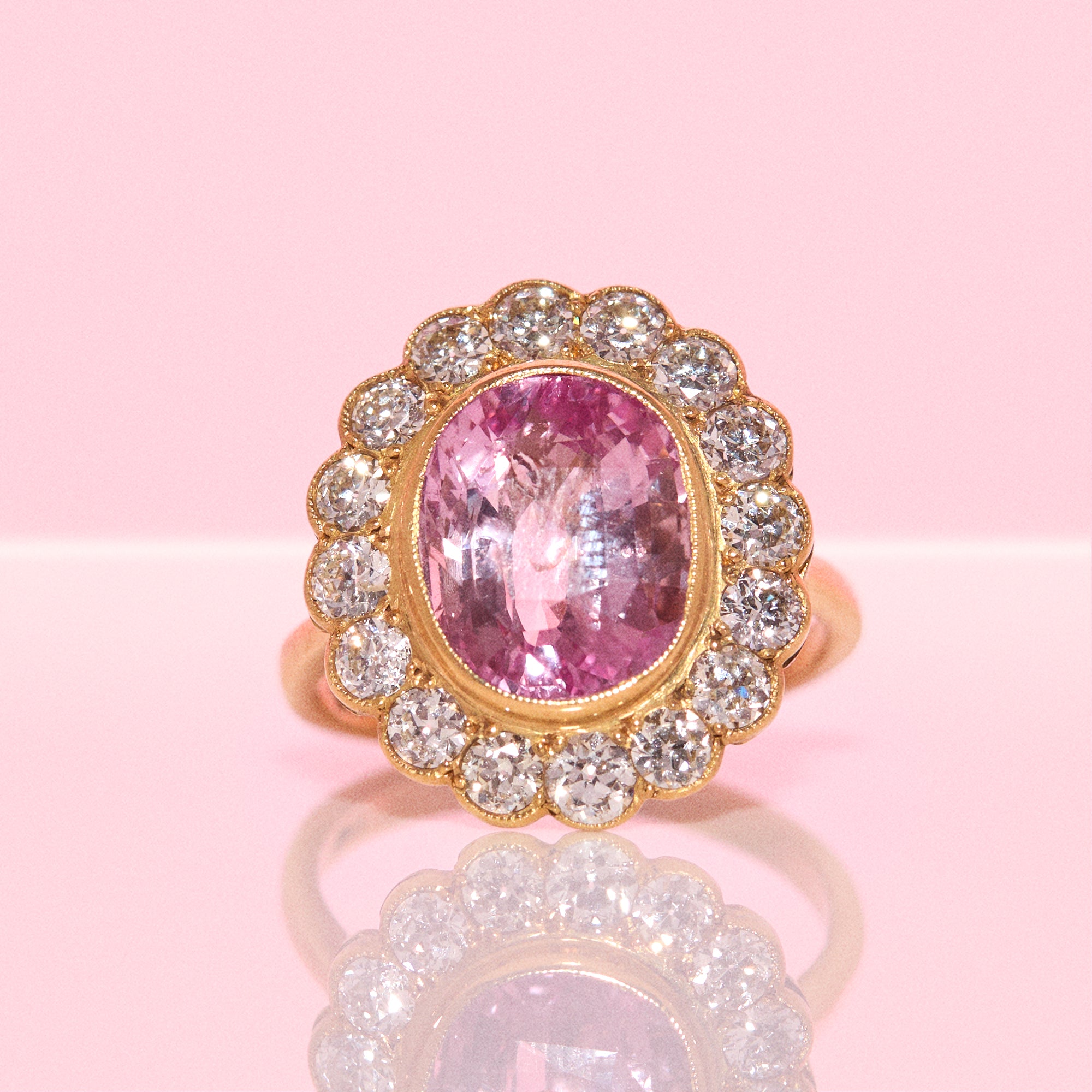 Vintage 18ct gold 6.30ct pink Ceylon cushion cut Sapphire and 1.50ct old cut diamond ring